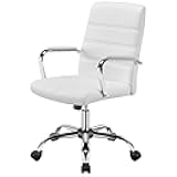 Office Desk Chair Mid-Back Leather Computer Chair Height Adjustable Ergonomic Executive Chair w/Lumbar Support Comfy Thick Padded Armrests and Seat, White