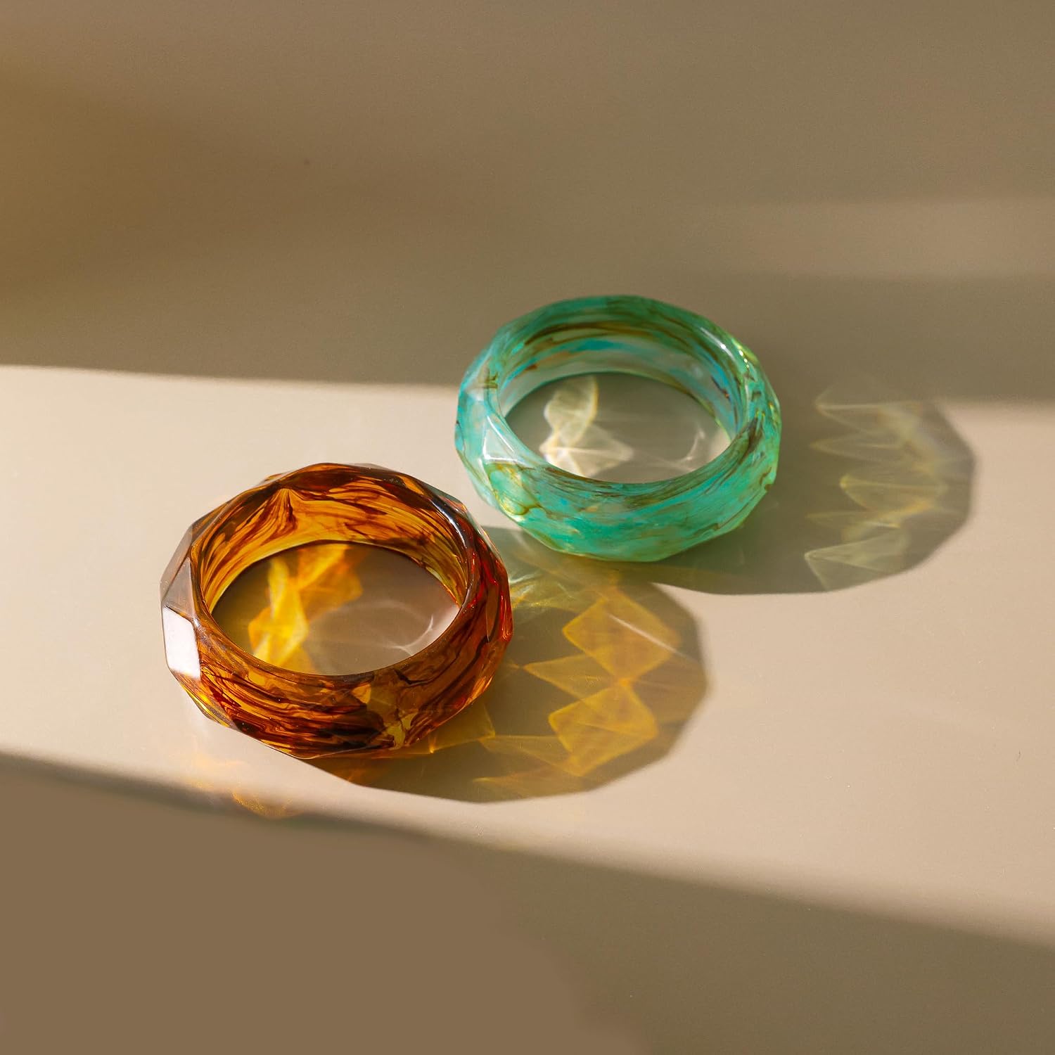 Faceted Resin Acrylic Bangle Bracelet for Women, Chunky Statement Wide Bold Plastic Geometric Transparent Jewelry, Brown Green Light Blue Orange