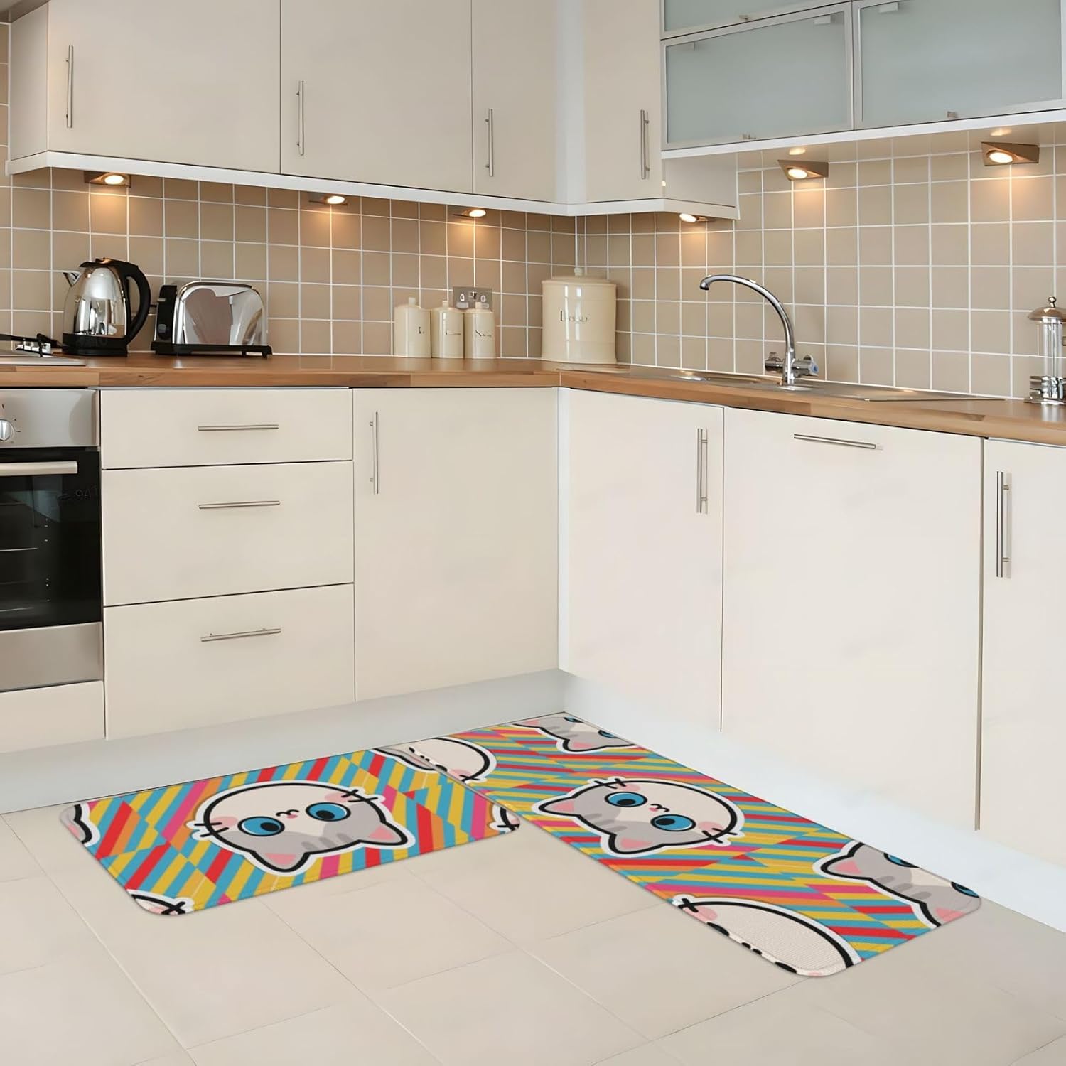 Sticker Cat Kitchen Rugs Set of 2, Cushioned Anti-Fatigue Kitchen Mats for Floor, Waterproof Comfort Standing Mat Absorbent Velvet Kitchen Runner Rugs 17"x30"+17"x47"