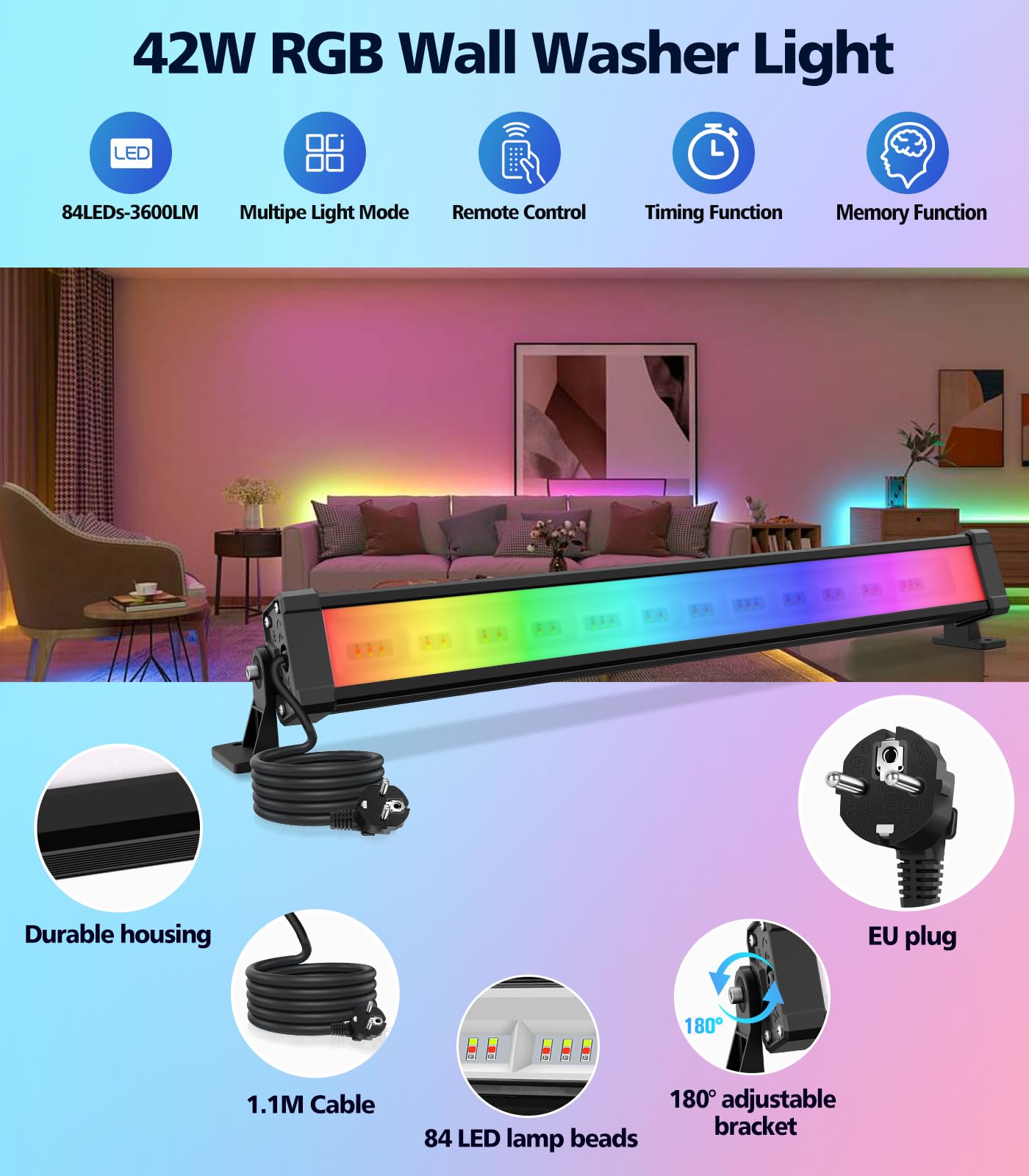 RGB led-spots, 2 stuks, CLY 25 W RGB, wandwasher licht met afstandsbediening, led-bar, IP66 waterdicht, dimbaar, schijnwerper, 6 helderheidsniveaus, met geheugenfunctie, timer, lightbar voor DJ