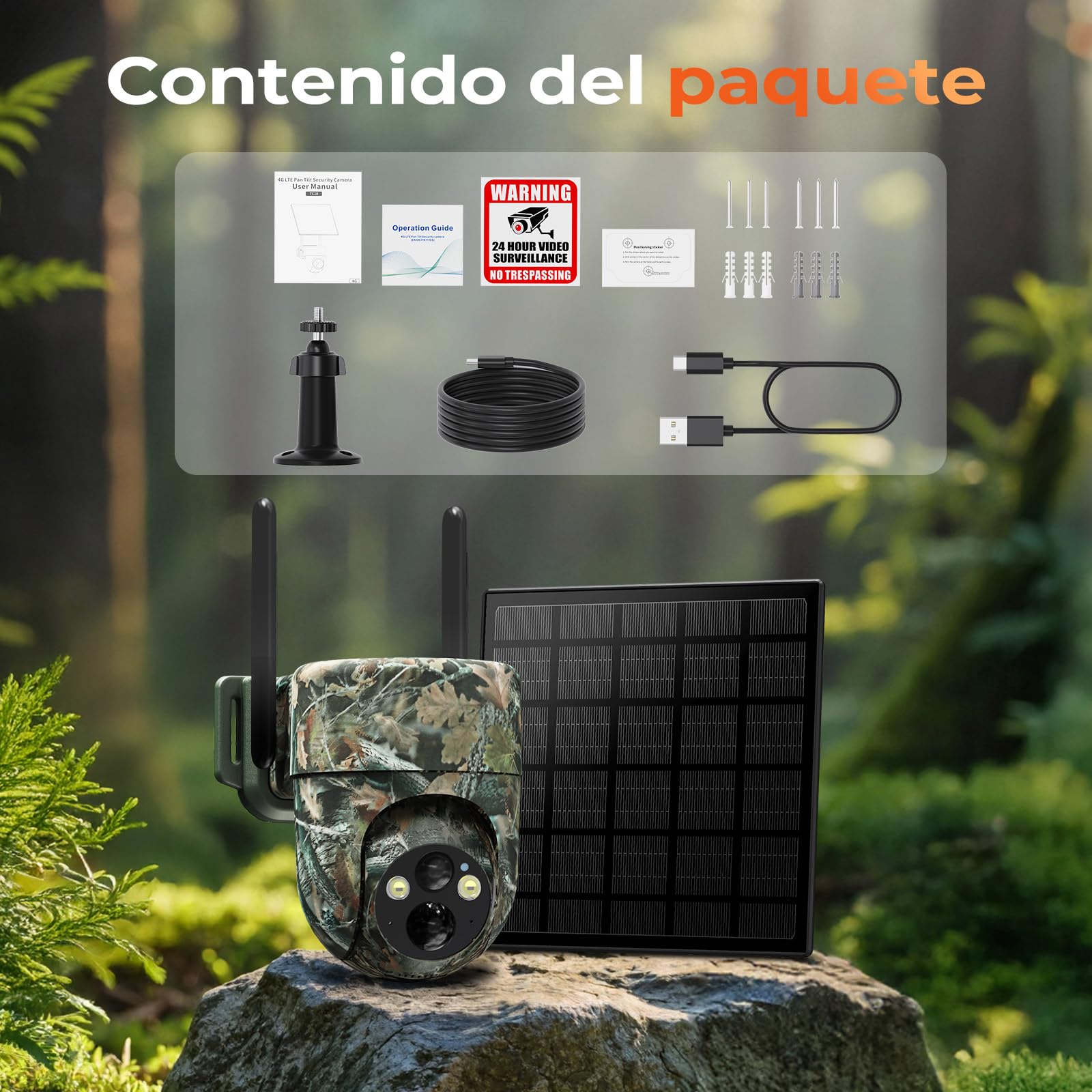 SEHMUA 4G Cámara Vigilancia Exterior con SIM, Camara Fototrampeo 4G Solar sin WiFi, 2K Camara Caza con Tarjeta Sim, Detección Humana PIR, Visión Nocturna, IP66, PTZ 355°/90°, Audio de Dos Vías