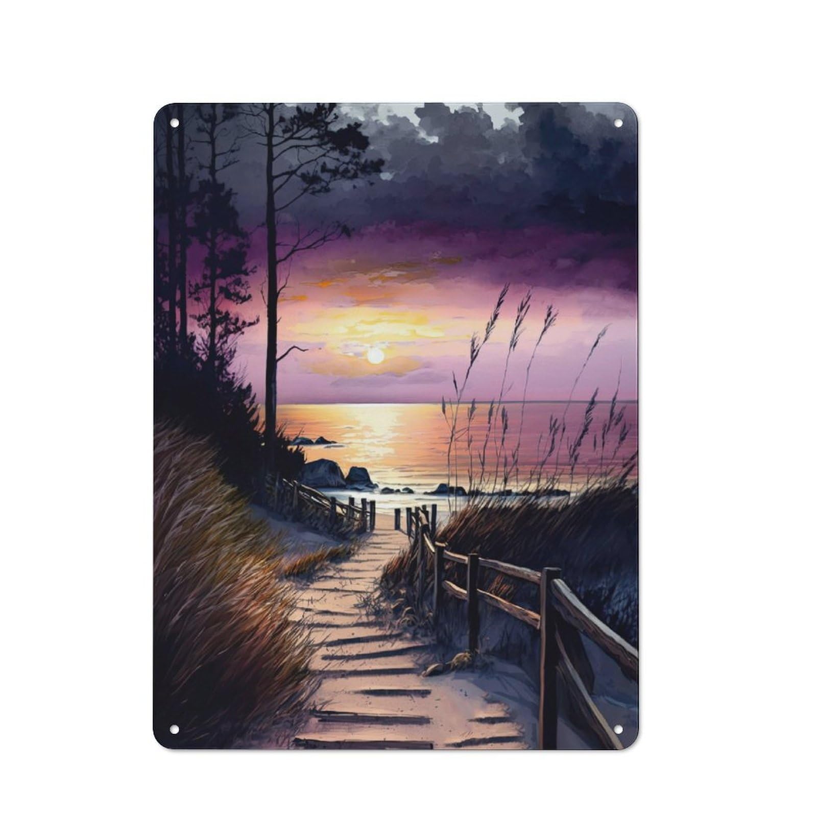 Junmoney Beach At Purple Sunset Metal Plaque 40X30cm With For Hallway Wall, Rustic Decor, For Garage, Workshop And Man Cave Decoration