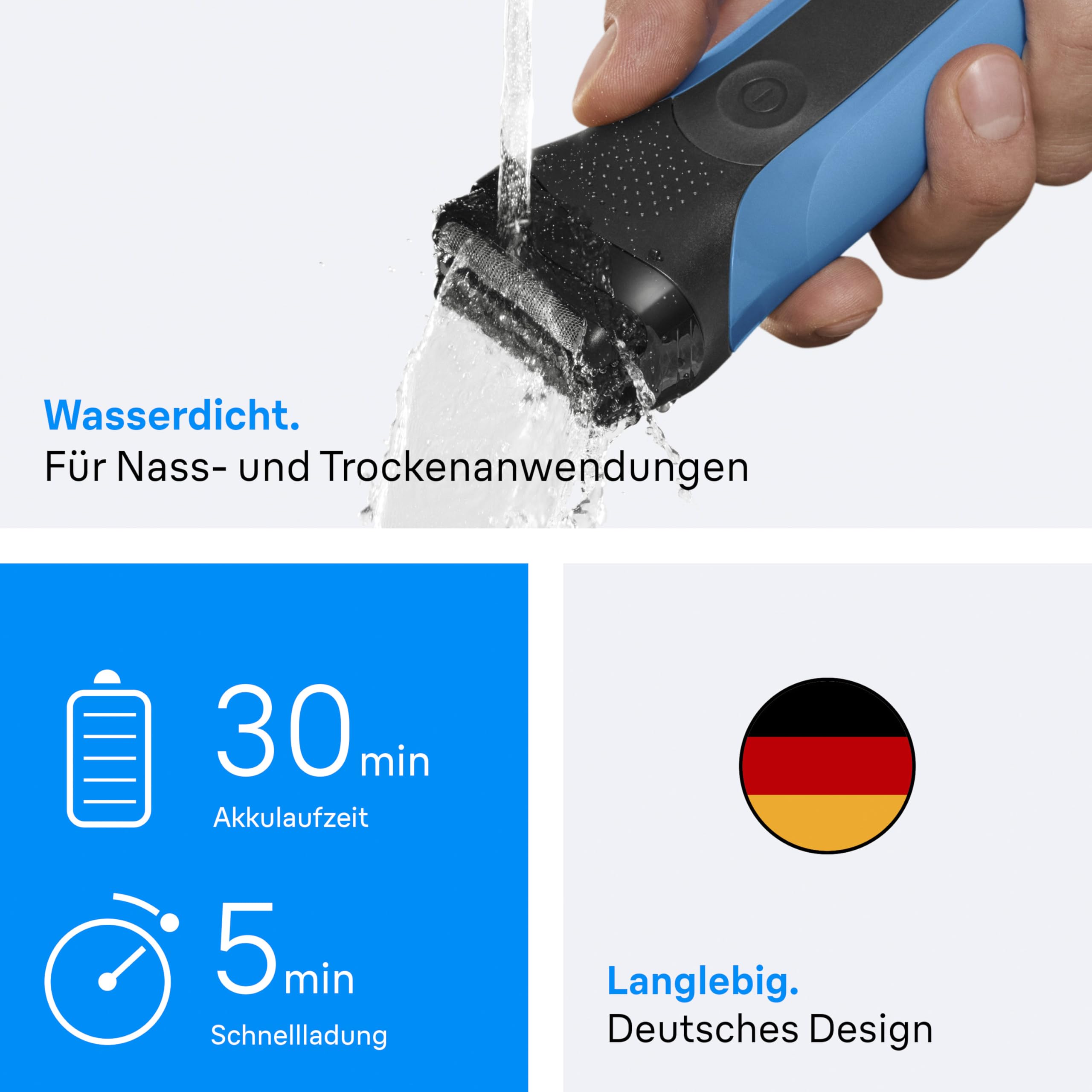 Braun Rasierer Herren Elektrisch Series 3, Rasierapparat, 310s, Blau | Kabelloser Elektrorasierer mit 3 Flexiblen Klingen, Barttrimmer mit 30 Min. Akku, Wasserdicht, Inkl. 1 Aufsatz