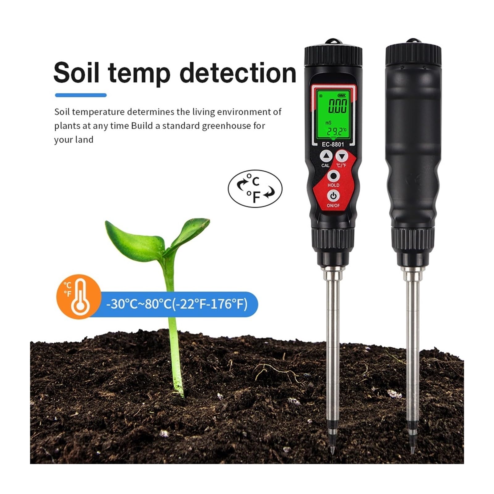Testeur de Sol Haute précision 0,00-10,00 mS/cm EC Meter LCD numérique EC/Temp 2 en 1 Détecteur ATC Détection température for Jardin et Ferme Jardinage, Agriculture