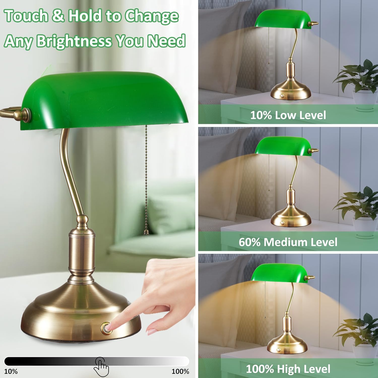 Kabellose Bankerlampe Groß 6000mAh Akku Tischlampe Aufladbar Dimmbare Vintage Nachttischlampe mit Touch-Steuerung und Kettenschalter 3 Farbtemperaturen E27 Tischleuchte Grün Gold Schreibtischlampe