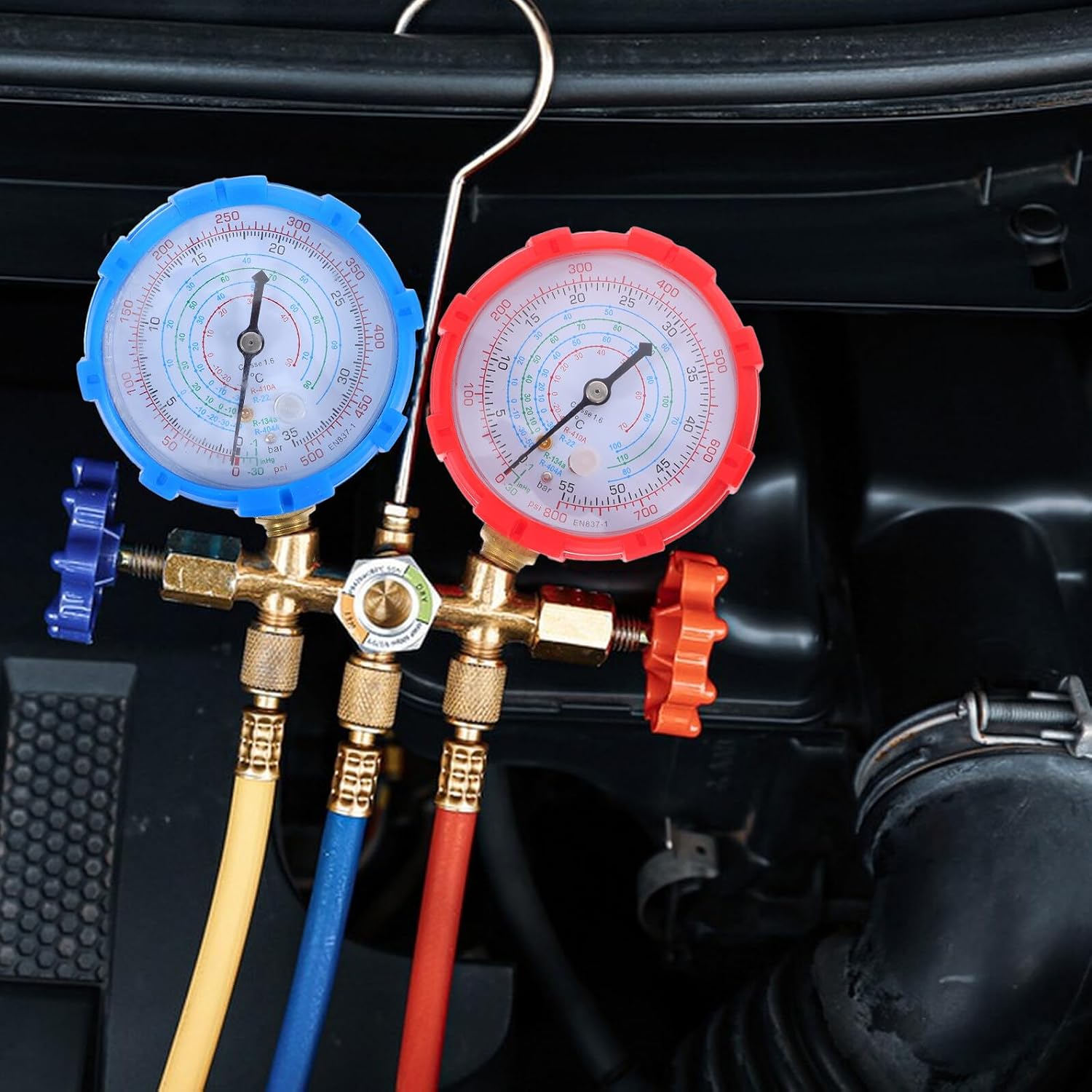 Automotive Air Conditioner Gauge Set with Red High-Low Pressure Manifold, HVAC Refrigerant Tester Tool Kit for Car Ac System Maintenance and Repair