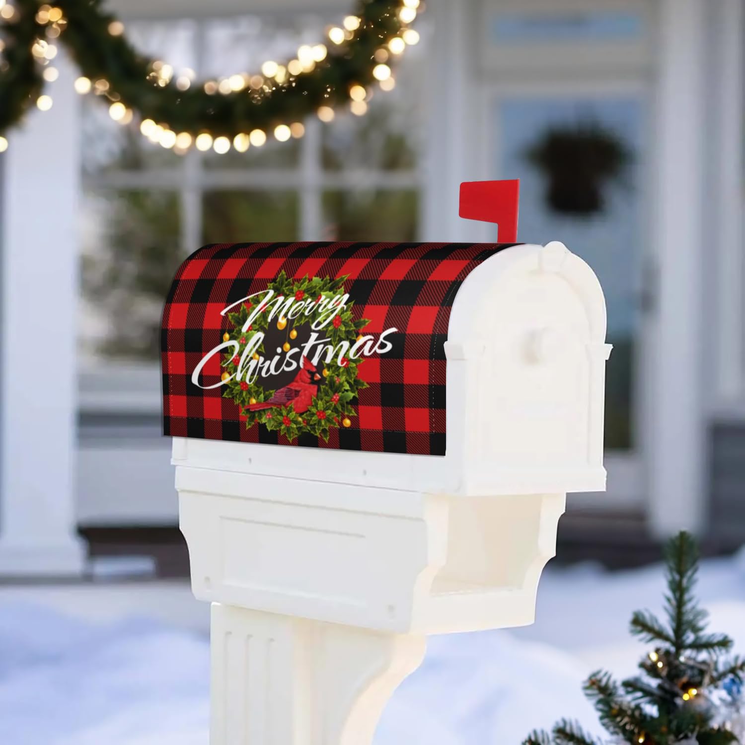 Christmas Tree Mailbox Cover - Magnetic, Buffalo Plaid With Snowflakes, Standard 18"x21" - View #13