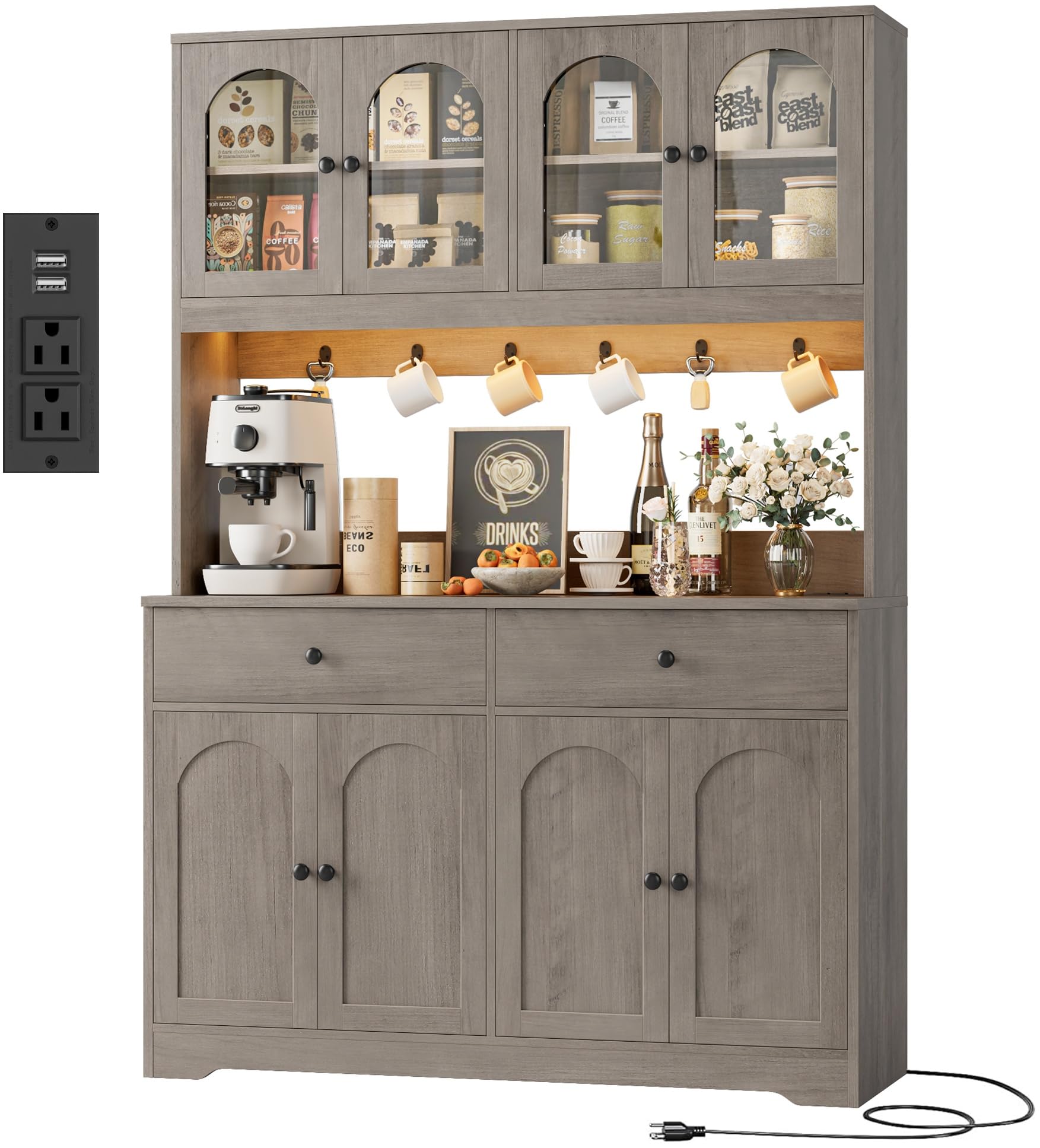 HIFIT 71" LED Kitchen Pantry Cabinet with Power Outlet, Large Kitchen Hutch Storage Cabinet with Arched Door, Shelves, 2 Drawer, Tall Farmhouse Coffee