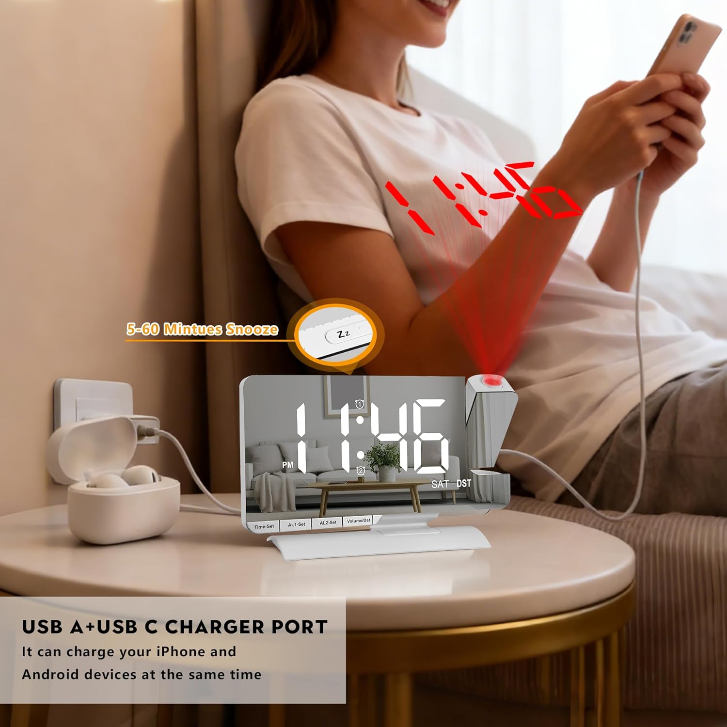 Amgico Projection Alarm Clock,Digital Clock with Projection,7.3" Mirror Clock with 180°Rotating Projector,Dual Alarm with 3 Mode,Bright Adjust,DST,Snooze,Charging Port,5 Levels Volume for Desk Teens