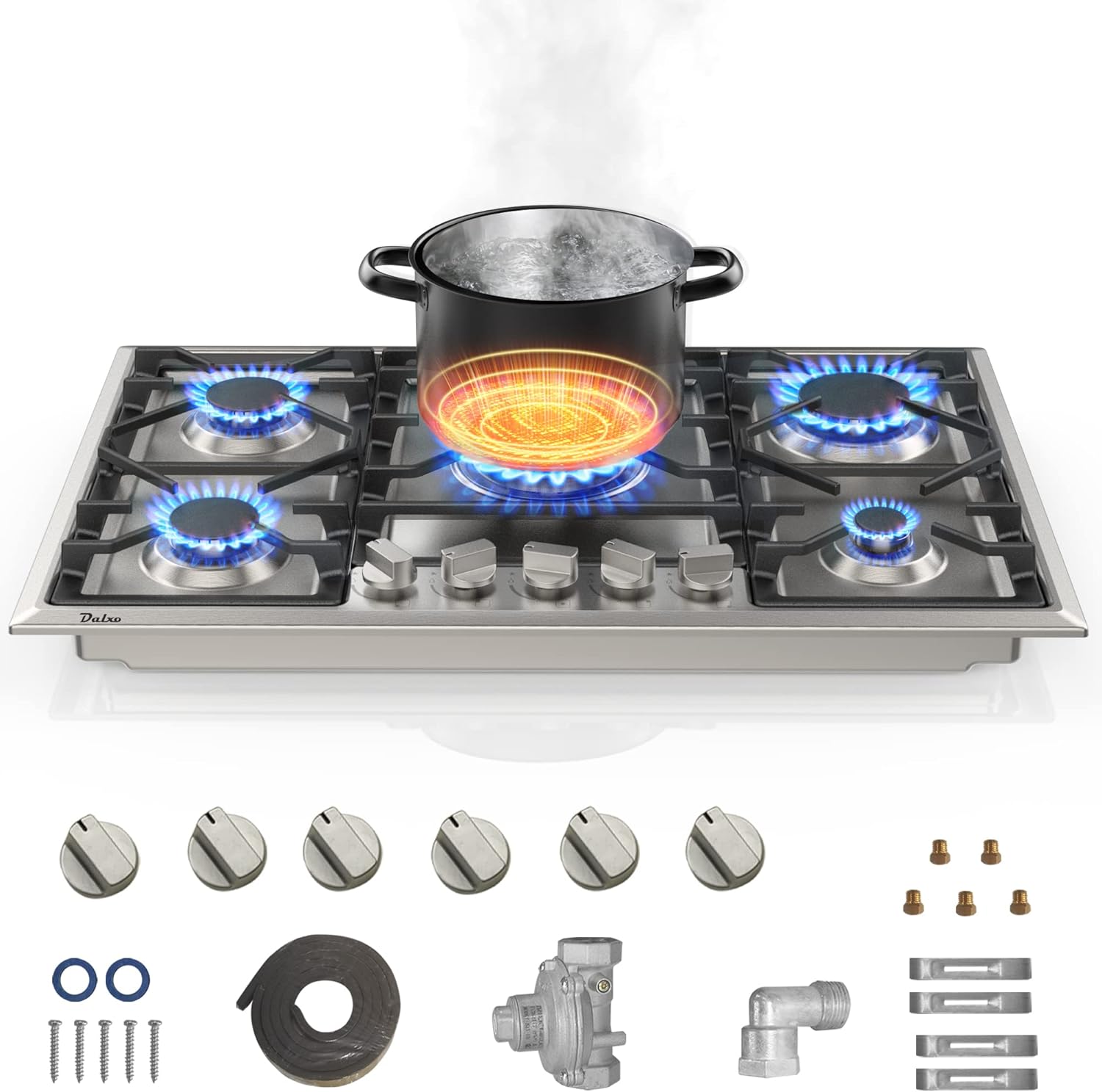 Dalxo 30 Inch Gas Cooktop with 6 Metal Knob, 5 Italy