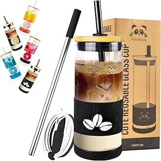 Pandaloo® Glass Cups With Lids and Straws -20 Fl Oz- Hand Made cool shell-raffia detail- Perfect Size Iced Coffee Cup - Smoothie Cup - BPA Free - (Mogador Vibe, 1 Count (Pack of 1))Carbonfree Certified
