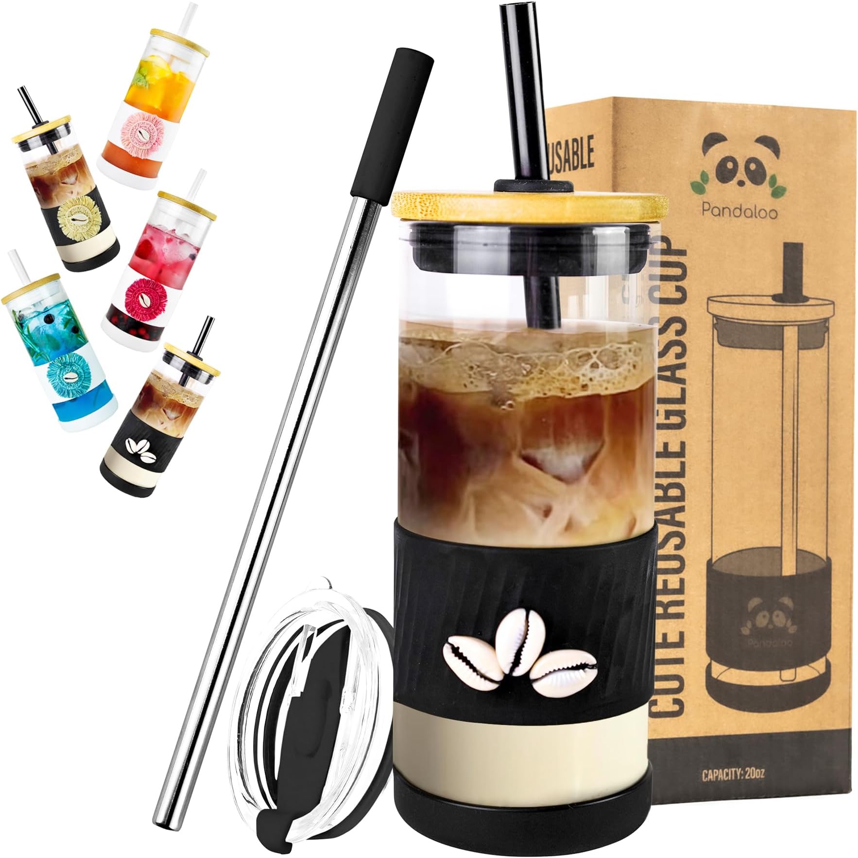 Pandaloo® Glass Cups With Lids and Straws -20 Fl Oz- Hand Made cool shell-raffia detail- Perfect Size Iced Coffee Cup - Smoothie Cup - BPA Free - (Mogador Vibe, 1 Count (Pack of 1))