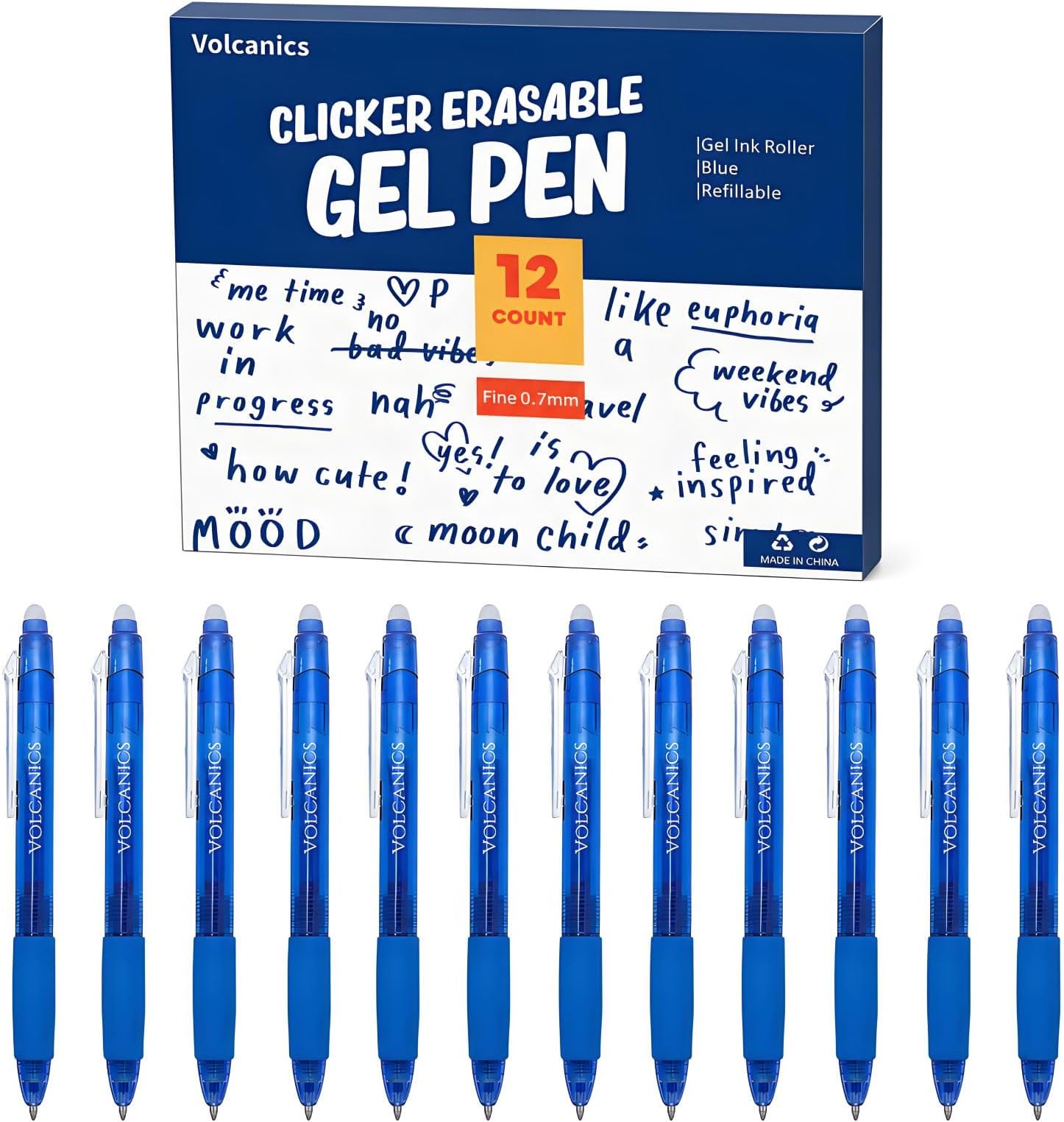 Retractable Clicker Erasable Gel Pens - 0.7mm Ball Point, Heat Erase with Built-in Eraser, 12 Pack Blue