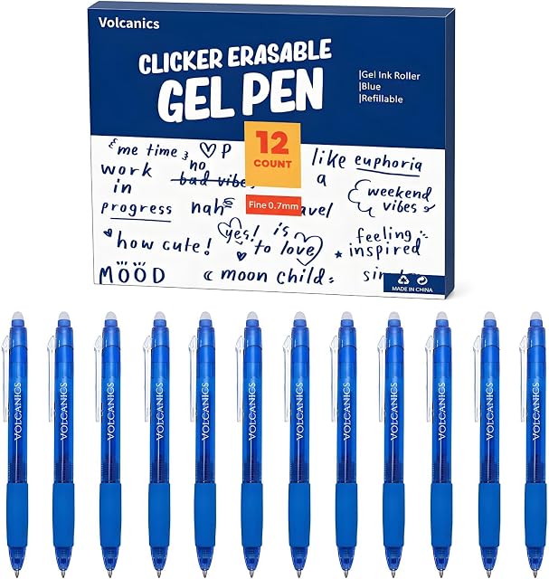 Volcanics Retractable Clicker Erasable Gel Pens - 0.7mm Ball Point, Heat Erase with Built-in Eraser, 12 Pack Blue