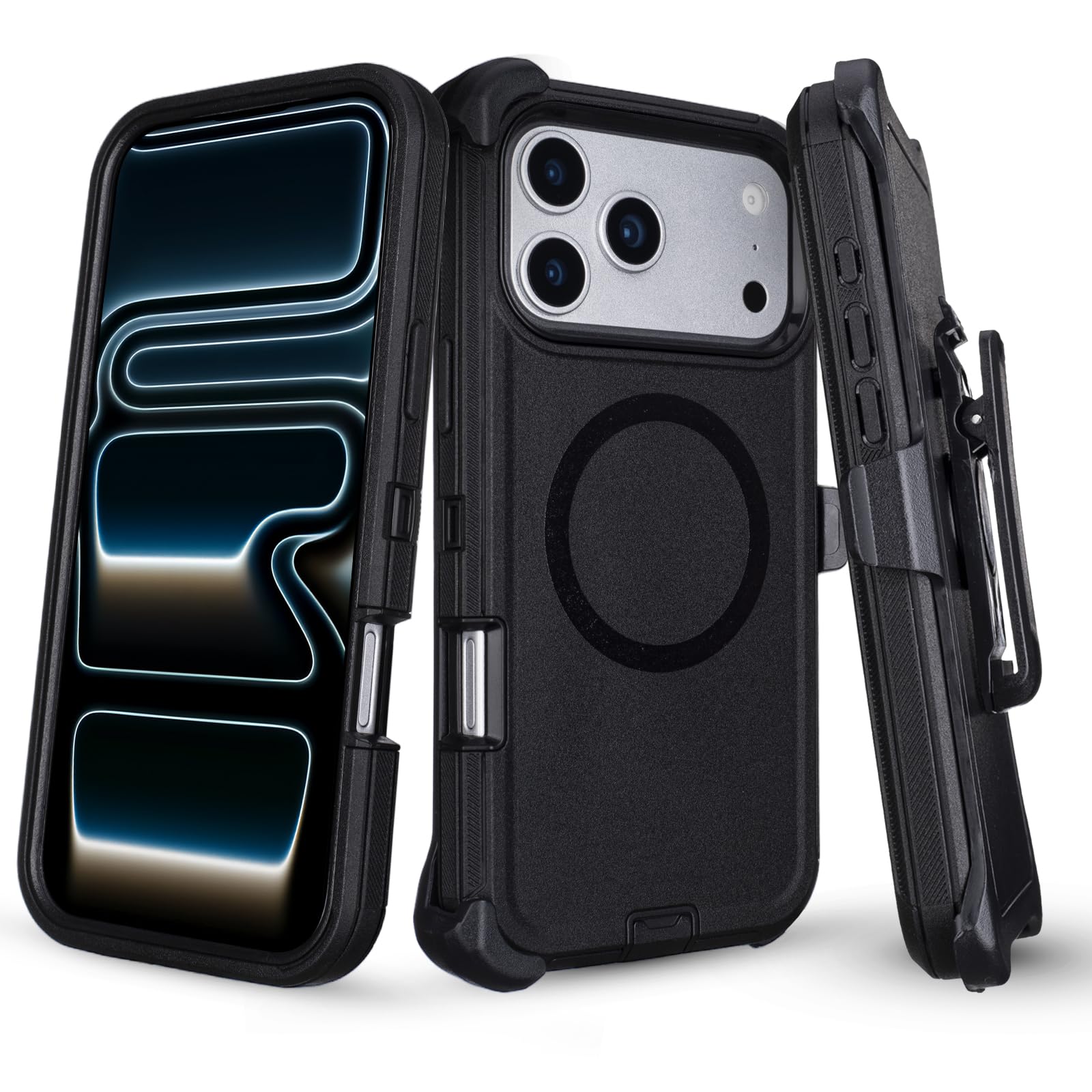 Photo 1 of Defender for iPhone 17 Pro Max Case with Belt Clip Holster, [Compatible with MagSafe] 3-Layer Heavy Duty Drop Protection, Rugged Durable Protective Case for iPhone 17 Pro Max with Kickstand (Black)