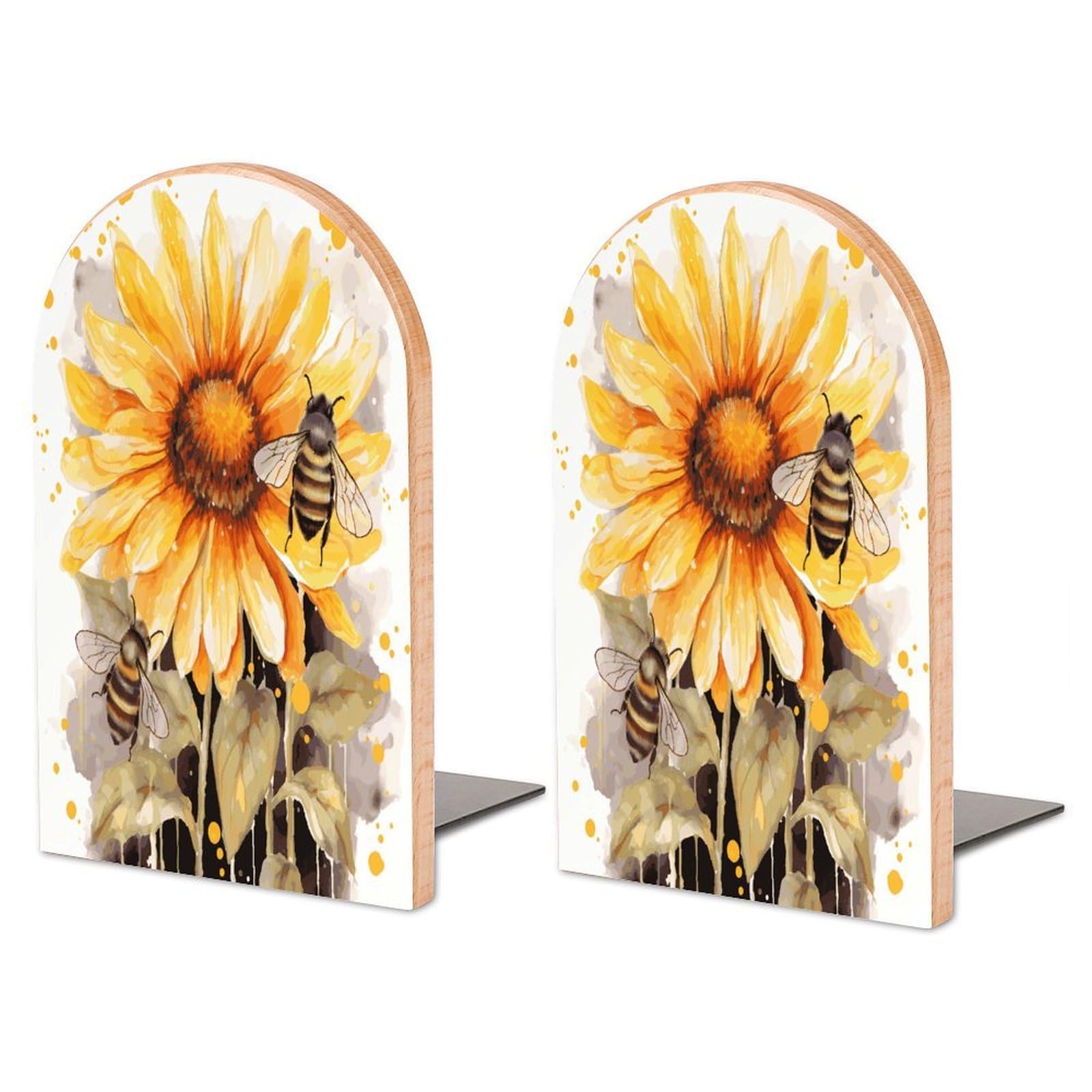 Heavy Duty Blackboard Bees Sunflowers Book End Wooden Bookends with Metal Base Non-Skid Book Stopper for Shelves Books Organizer for Home Office Supplies 6.7 X 4.7 X 3.9”