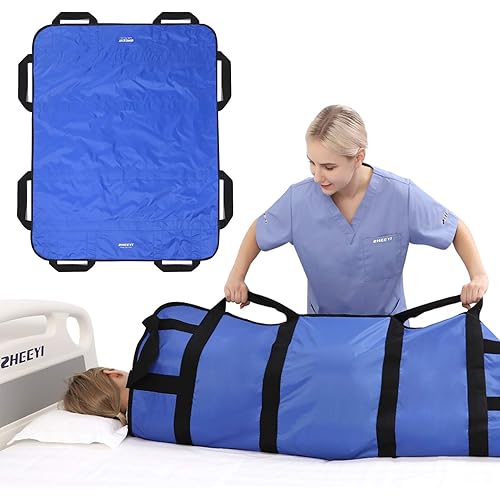 Multipurpose 48" x 40" Positioning Bed Pad with Reinforced Handles - Reusable & Washable Transfer Sheet for Turning, Lifting & Repositioning - Double-Sided Nylon Fabric, Blue