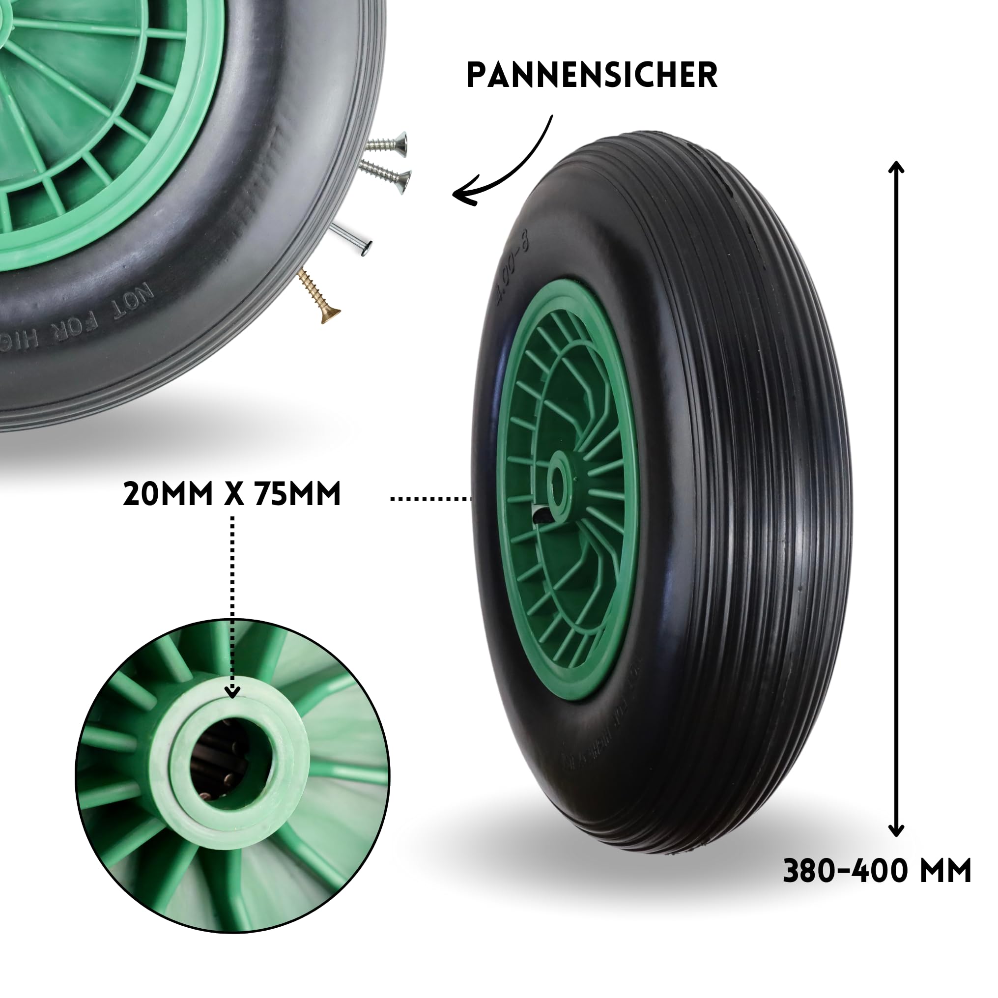 FROSAL PU Schubkarrenrad 400 pannensicher | Rad Vollgummi Schubkarre | Ersatzrad 4.80/4.00-8 Kunststoff-Felge grün | Reifen 100 mm Breite