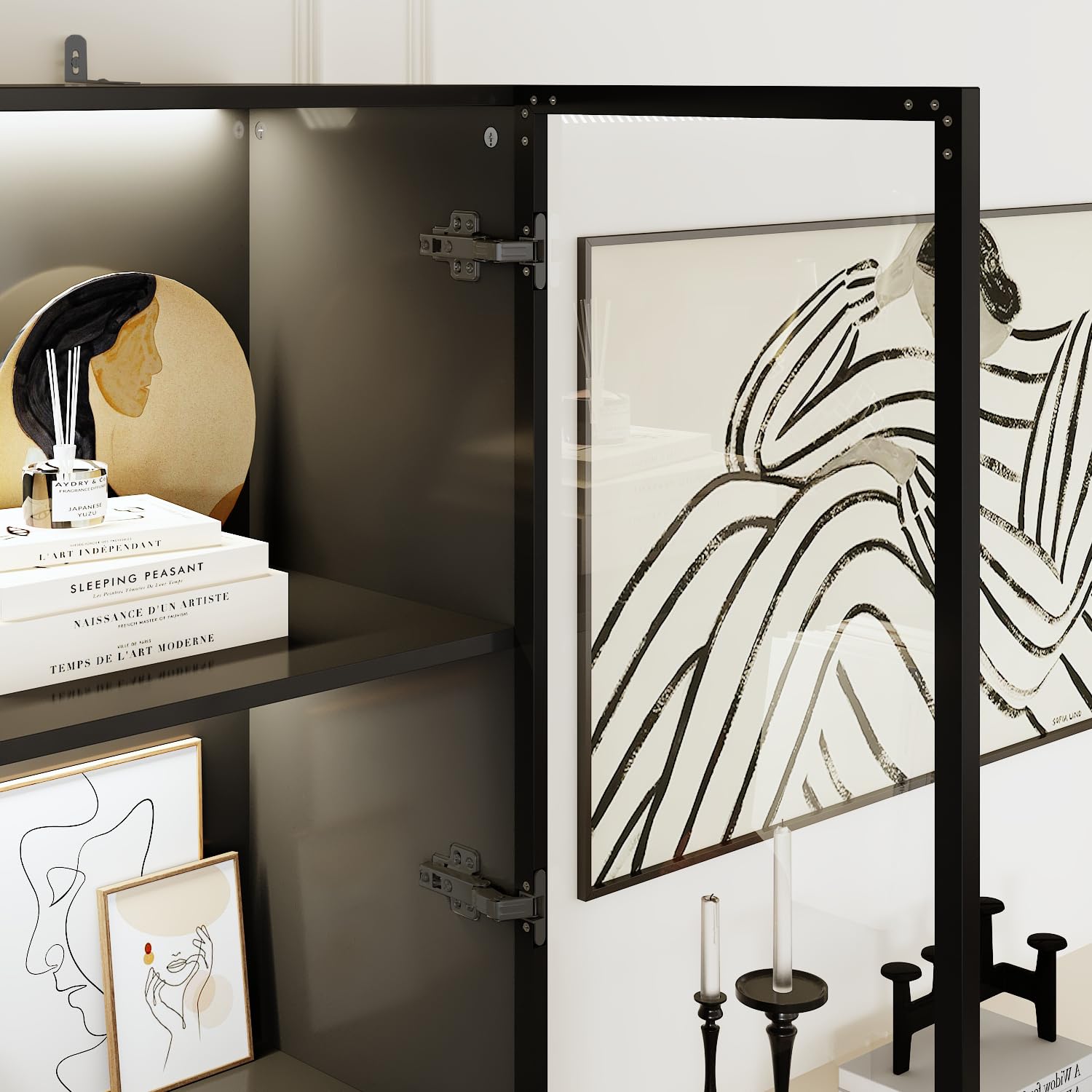 Vitrina de cristal con iluminación, vitrina colectora, vitrina de pie, vitrina de cristal, color negro, 175,5 x 50 x 23 cm, cristal templado + marco de aluminio
