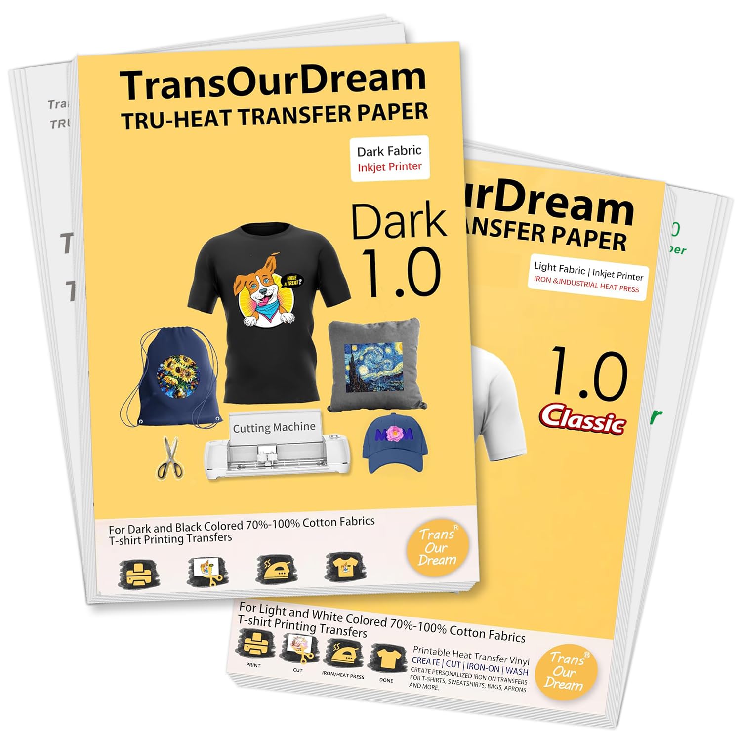 TransOurDream Tru-Heat Transfer Paper for Dark and Light Fabric (50+50 Sheets, 8.5x11", Mix Pack) Printable HTV Heat Transfers Vinyl for Inkjet Printers Iron on Transfers for T Shirts