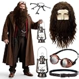 CraftyDream 5 Pcs Wizard Party Costume Halloween Cosplay Wizard Brown Wig and Beard Retro Steampunk Goggles Glasses for Men Halloween