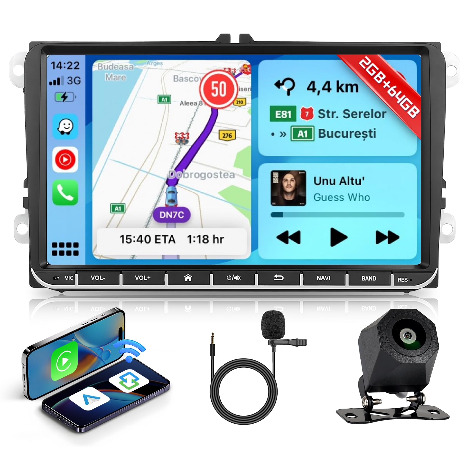 Hodozzy 2G+64GB Radio para VW Golf 5 6 Passat Touran EOS Tiguan Polo T5 Seat Skoda con Carplay Android Auto Inalambrica, Radio Coche 2 DIN 9 Pulgadas Pantalla Táctil GPS Bluetooth WiFi DSP FM/RDS