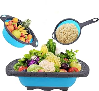 Colador plegable mejorado sobre el fregadero Colador de verdurasfrutaspasta, Escurridor Comida con asas extensibles gruesas, colador plegable para cocina (azul)