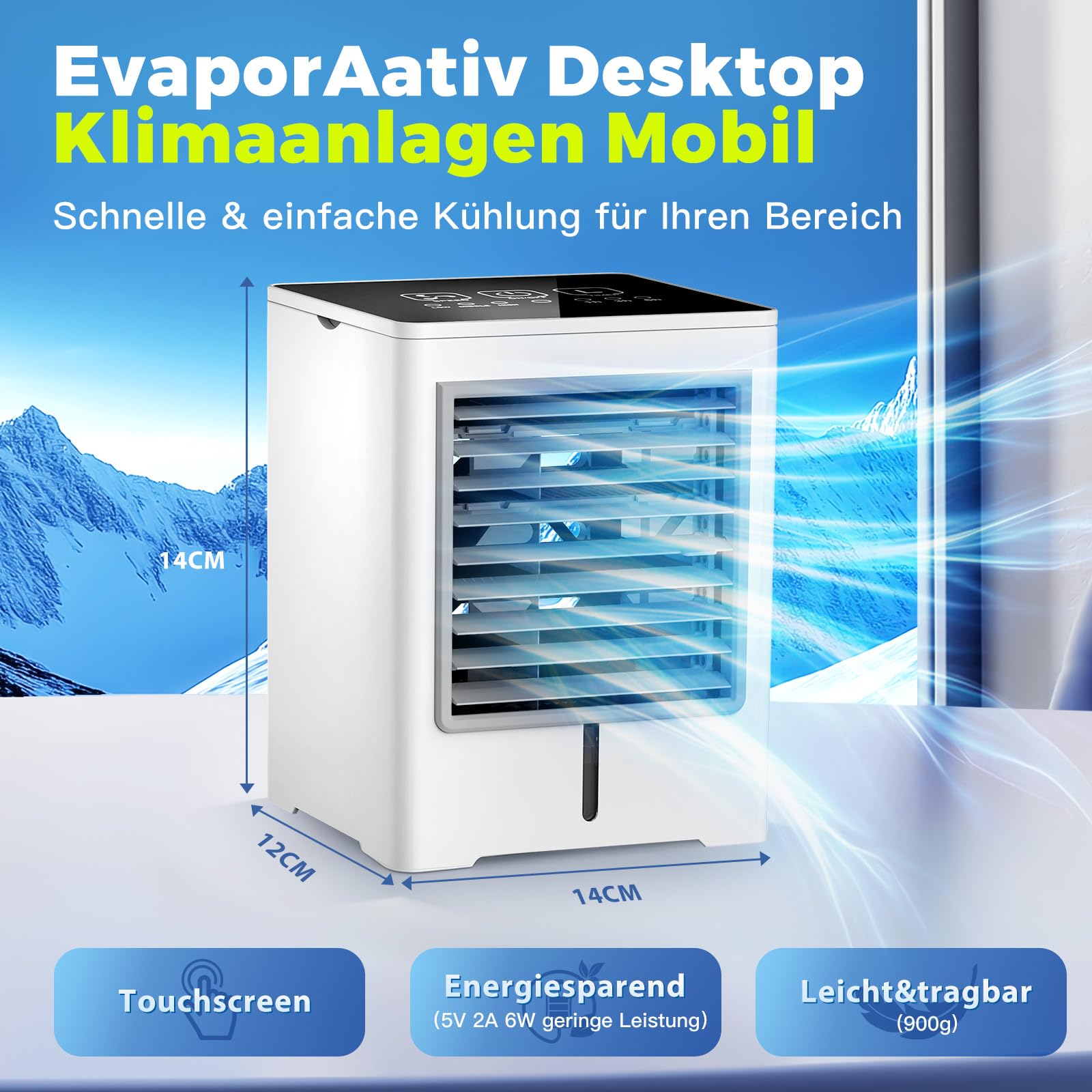 Klimaanlage Mobil ohne Abluftschlauch, 470 ml Luftkühler mit Wasserkühlung, USB Ventilator Leise mit 3 Stufen, Timer & Touchscreen, Mobiles Klimagerät für Schlafzimmer Zimmer Zuhause, Weiß