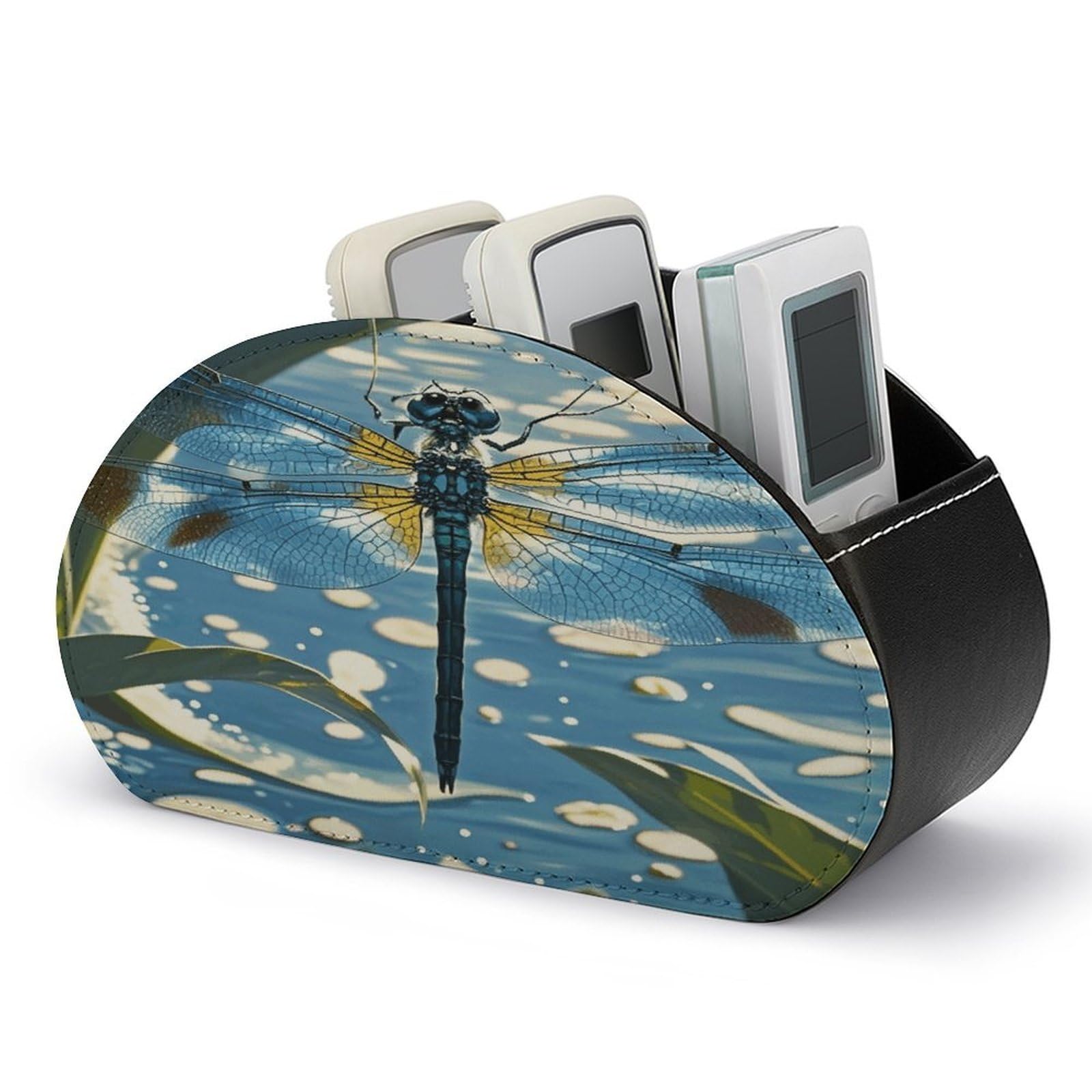 VstaDank Blue Dragonfly Remote Control Holder with 5 Compartments PU Leather TV Remoter Caddy Desktop Organizer TV Remote Holder Remote Box for Media Controllers Office Supplies