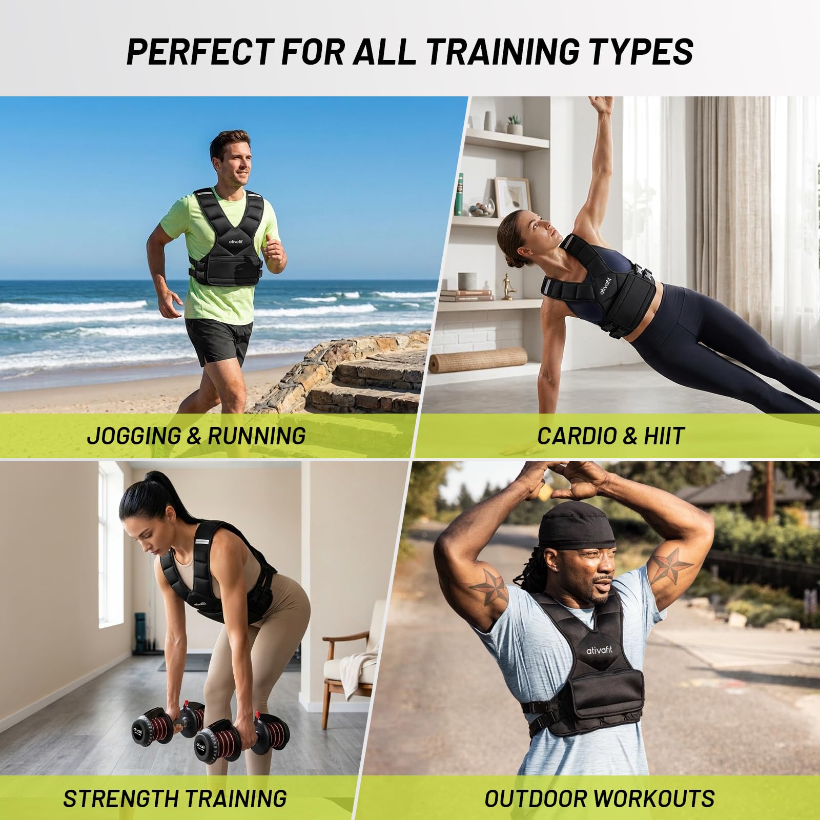 Chaleco ponderado ajustable ATIVAFIT para hombre y mujer, 4,5–7,5 kg. Peso regulable, con bolsillo, bandas reflectantes y correas ajustables. Ideal para entrenamiento, footing y cardio.