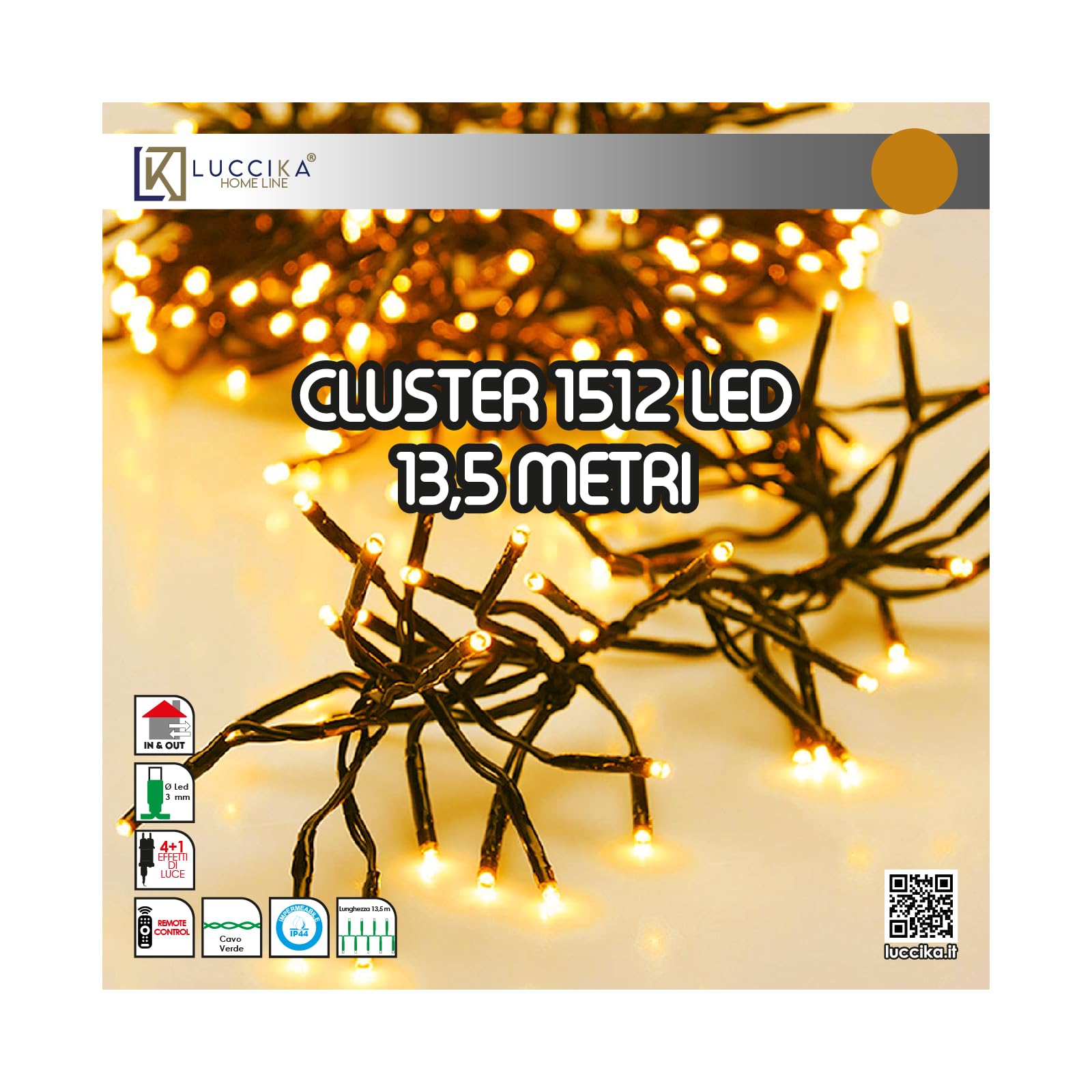 Luccika, Luci a Grappolo Cluster Oro, 13,5 Metri, 1512 LED da Ø 3mm, Catena Luminosa per Albero di Natale, 4 Effetti di Luce, Telecomando, Timer, Cavo Verde IP44, Uso Interno/Esterno