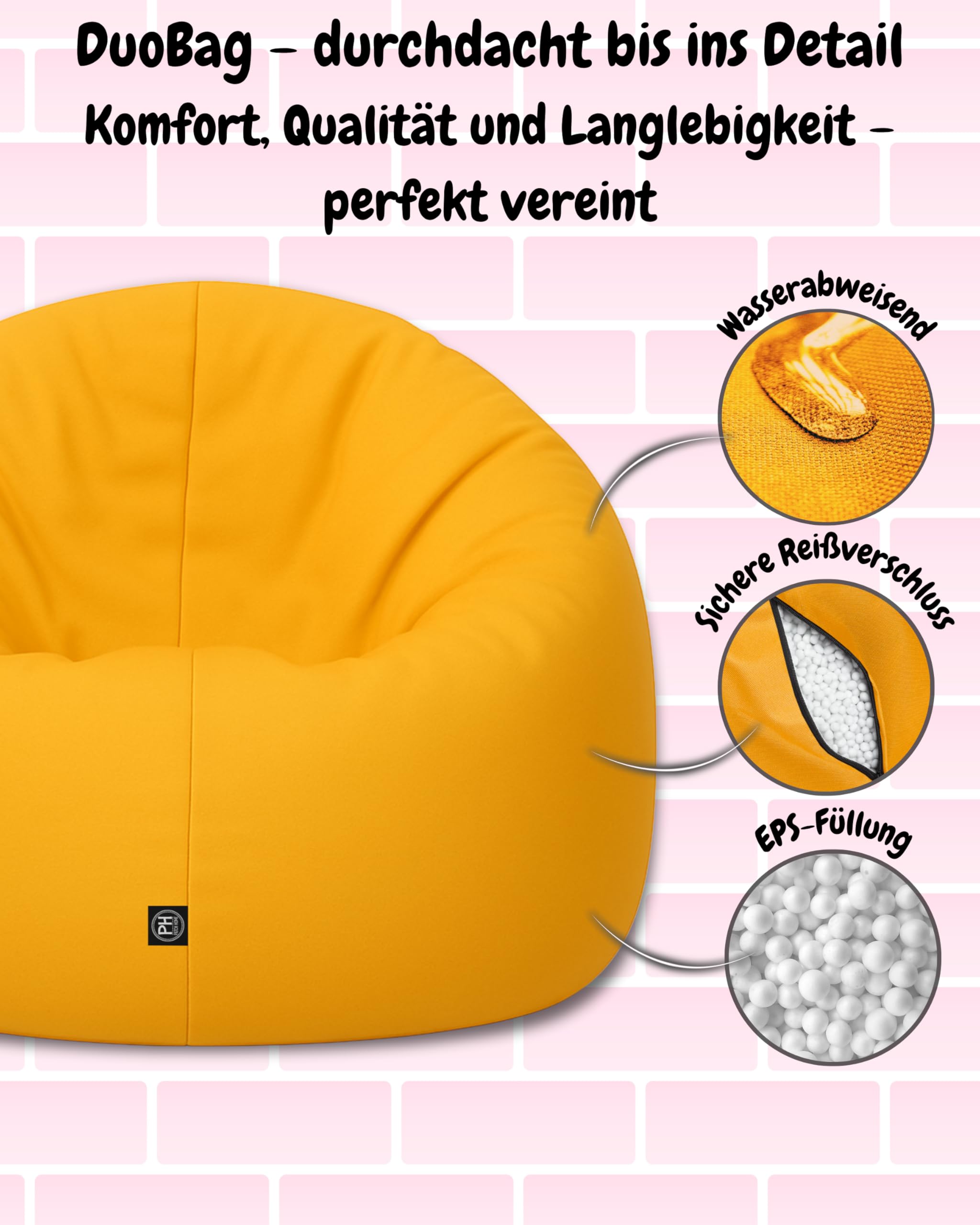 Patchhome - Pouf 2 in 1, cuscino da pavimento, poltrona a sacco da gaming, per adulti e bambini, con imbottitura, Ø 100 cm, giallo (yellow)
