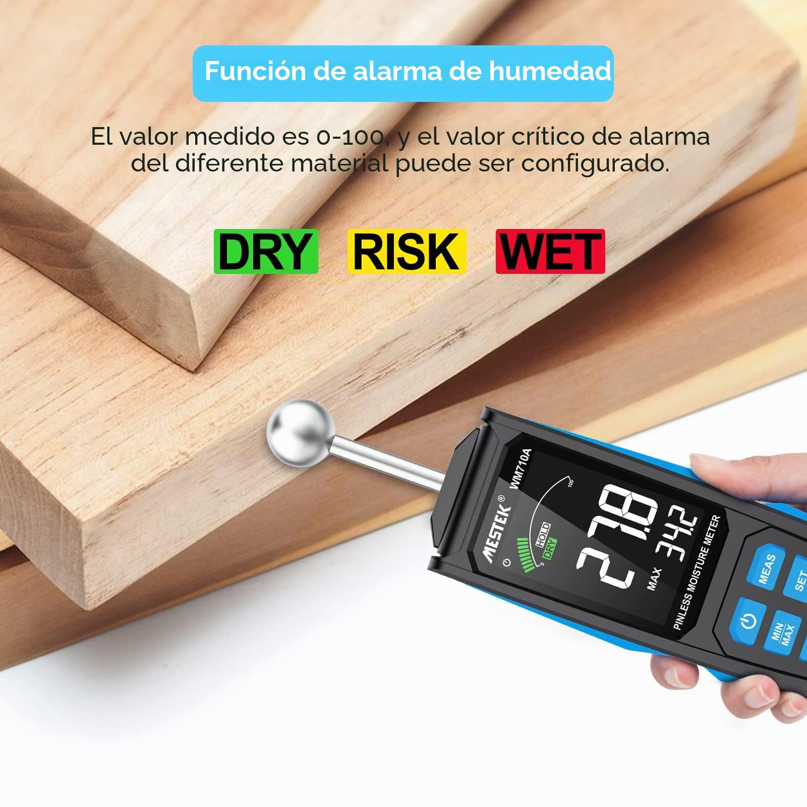 Medidor de Humedad MESTEK Humidímetros 20-40mm Detector de Humedad sin Pin Portátil Humedad Medición Digital Pantalla LCD Alarma para Madera, Paredes, Hormigón, Ladrillo y Materiales de Construcción