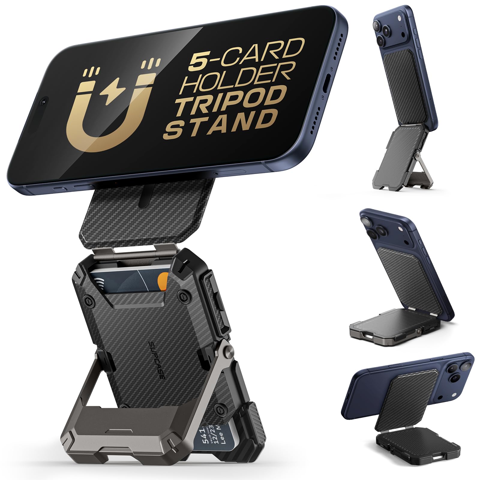 SUPCASE for MagSafe Wallet with Stand, Magnetic Wallet for Men, [Hold 5 Cards] [Adjustable Stand] [RFID Blocking] Phone Stand Credit Card Holder Tripod for iPhone 16/15/14/13/12 Series, Carbon
