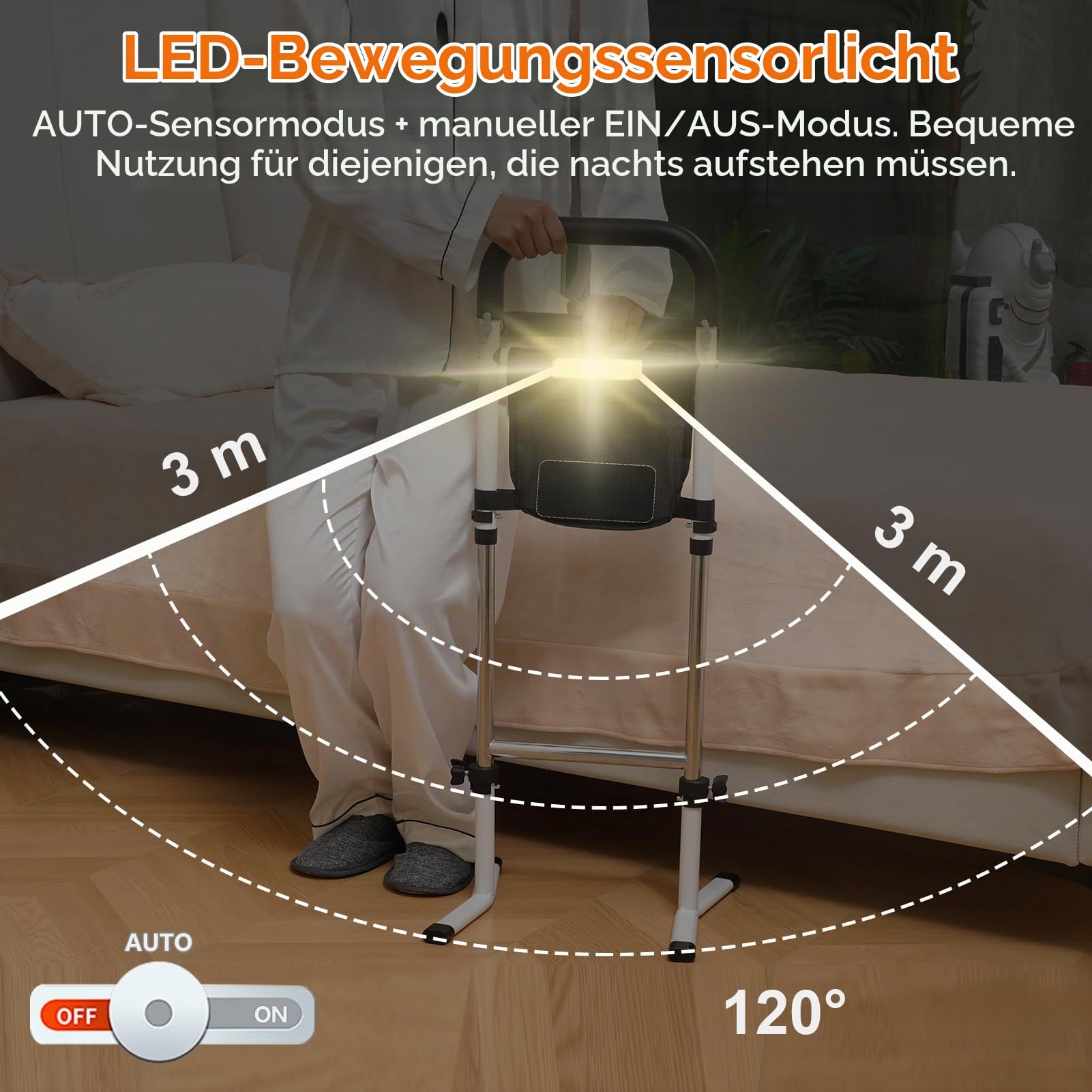 Aufstehhilfe Bett/Sofa/Toilette, Gehhilfe für Senioren, 5-Fach Höhenverstellbar, Stehhilfe mit Tasche und Sensorlicht, Max Tragfähigkeit 150 kg