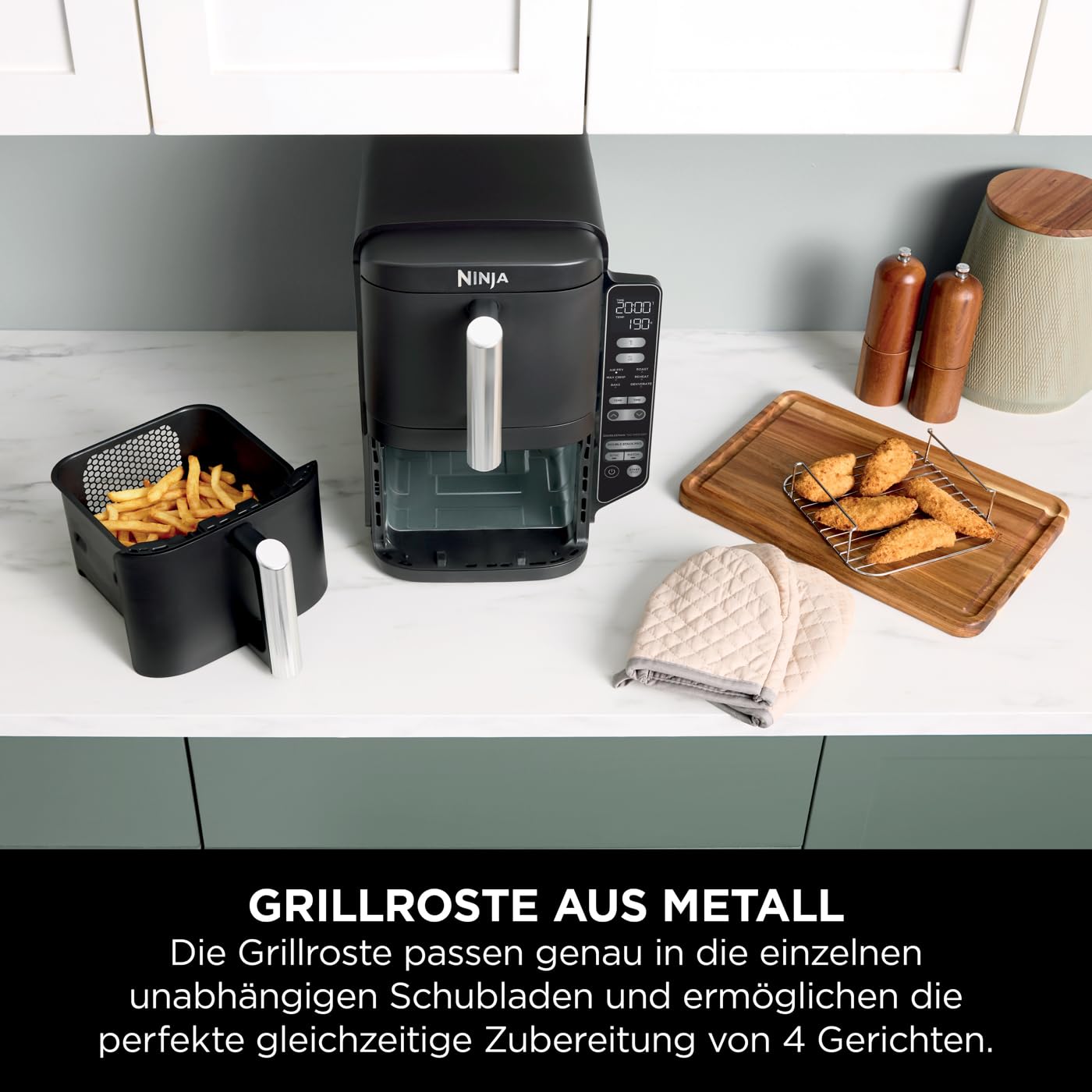 Ninja Double Stack Heißluftfritteuse, 7,6L Digitale Air Fryer Doppelkorb mit 4 Kochstufen, 2 Schubladen, 2 Gestelle, Platzsparendes Design, 6 Kochfunktionen, 6 Portionen, Schwarz SL300EU