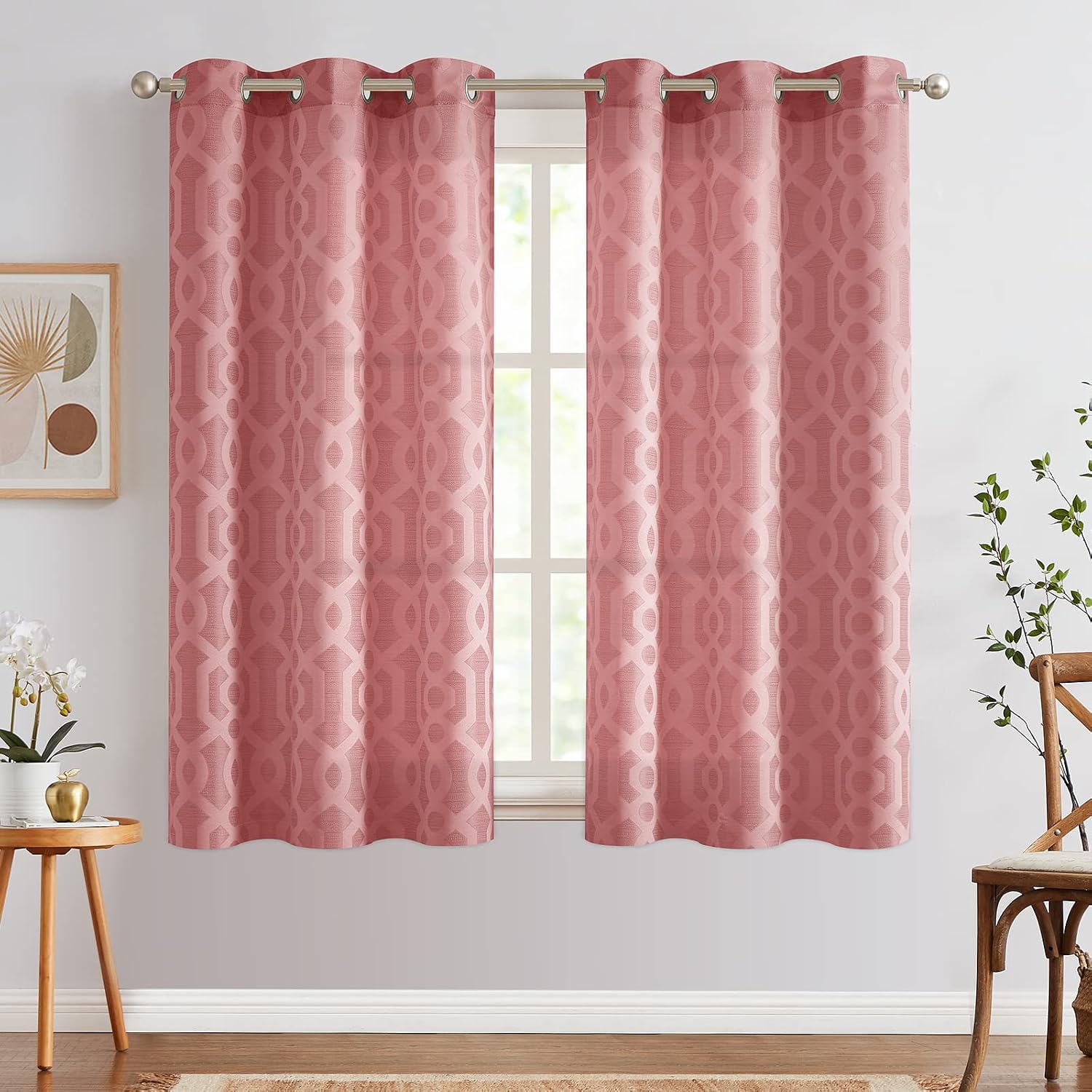 Privacy Light Filtering Curtains for Bedroom 63 inch Length Modern Geometric Trellis Pattern Jacquard Opaque Window Panels for Living Room Grommet Top Red 1 Pair