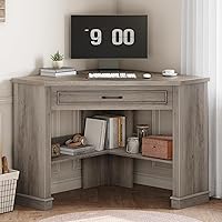 SEDETA 31.5" Small Corner Desk with Drawers & Shelves, Farmhouse Triangle Computer Desk for Home Office Bedroom, Gray