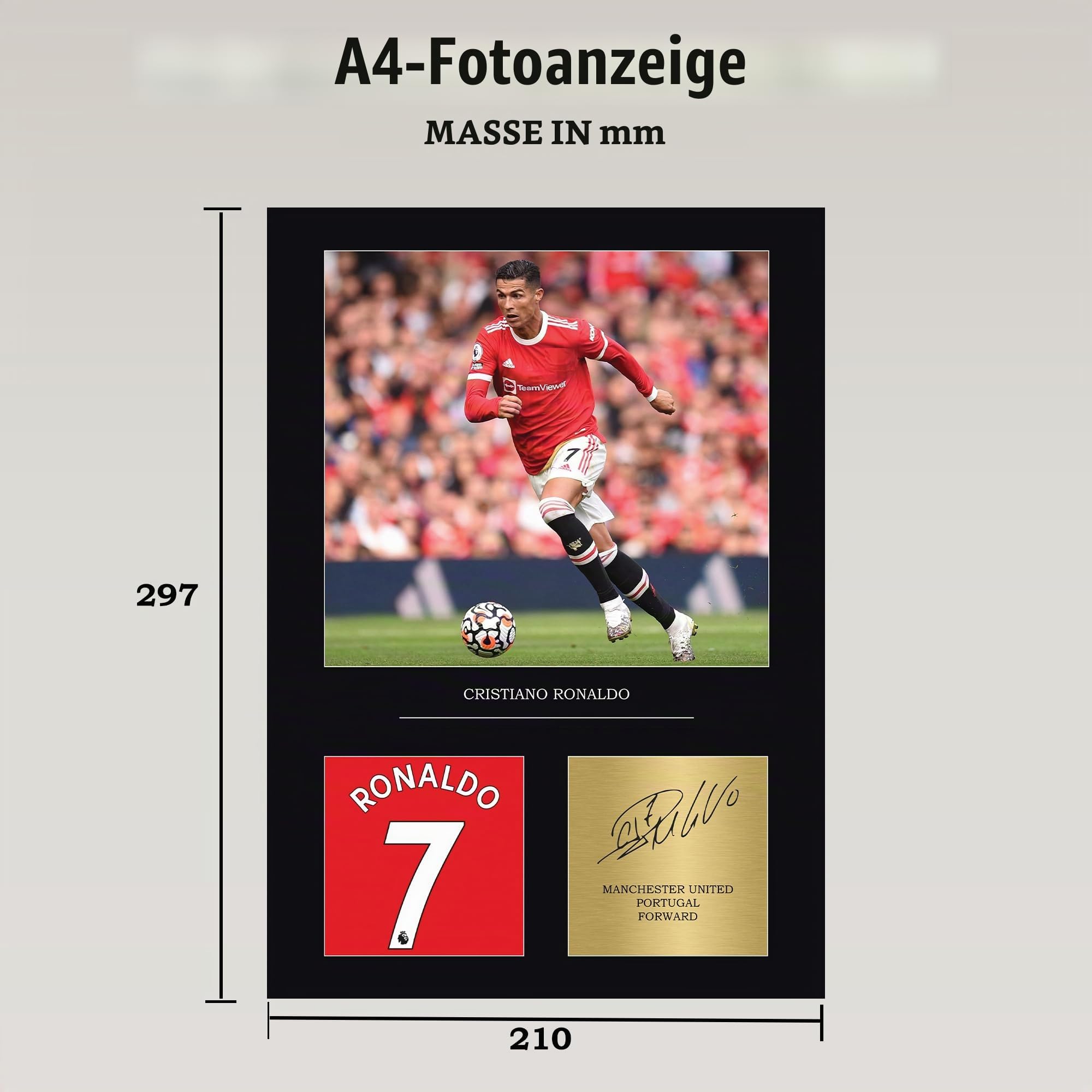 Cristiano Ronaldo Geschenk, signiert, A4, Druck, Display, ungerahmt, Mann United, Geschenke für Jungen, digital reproduziert, Signatur Ronaldo, Geschenke für Jungen, CR7, Geschenke von Manchester