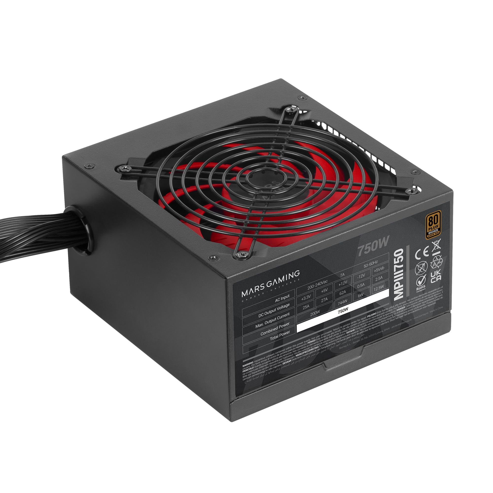 Mars Gaming MPIII750 ATX-Netzteil, 750W, 80 Plus Bronze, Schwarz | 5 Jahre Garantie, 80Plus Bronze-zertifiziert, 86 % Energieeffizienz, APFC, 120mm-AI-RPM-FDB-Lüfter, DC-DC und SMD