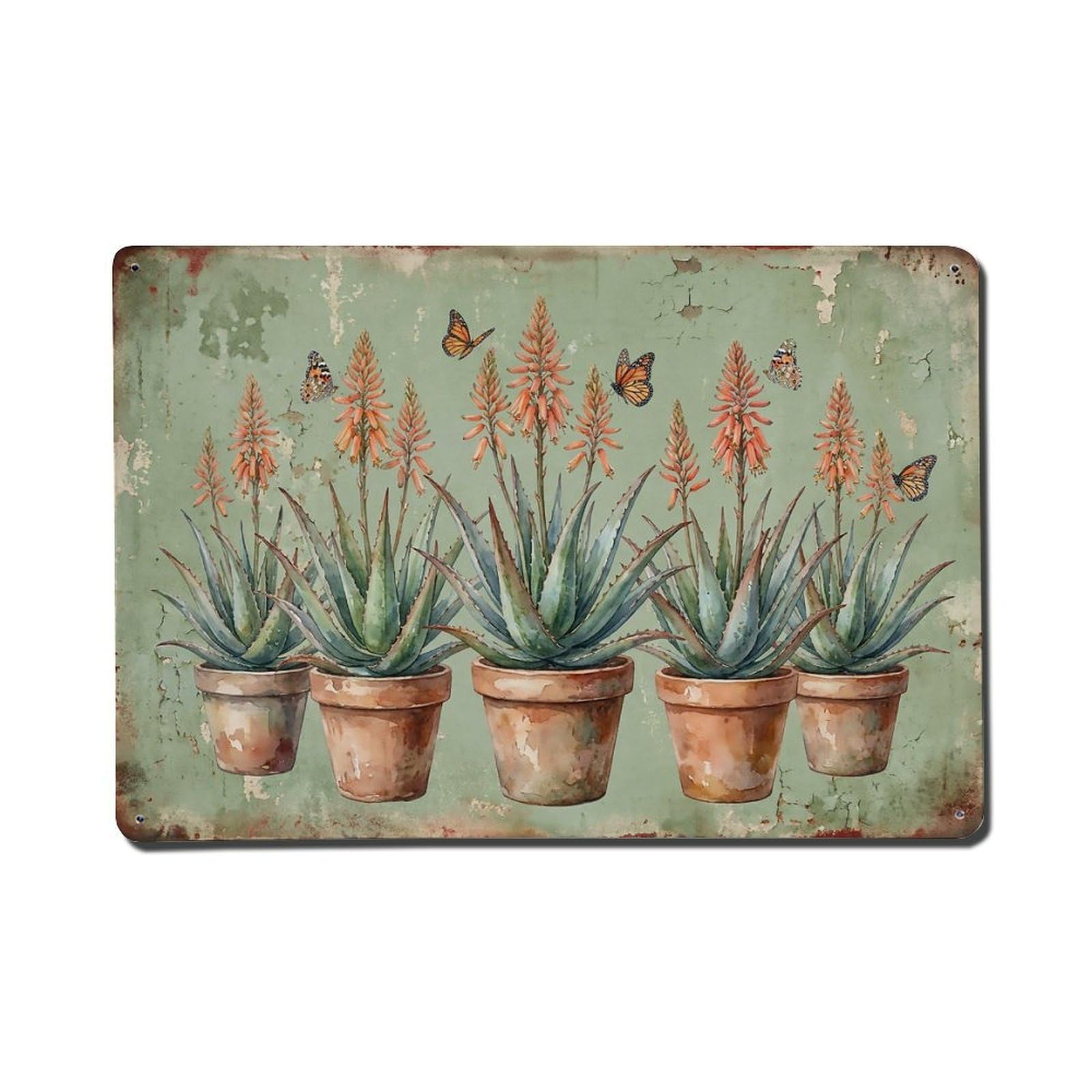 Vintage Rustic Flower Potted Plants Aloe Metal Tin Sign