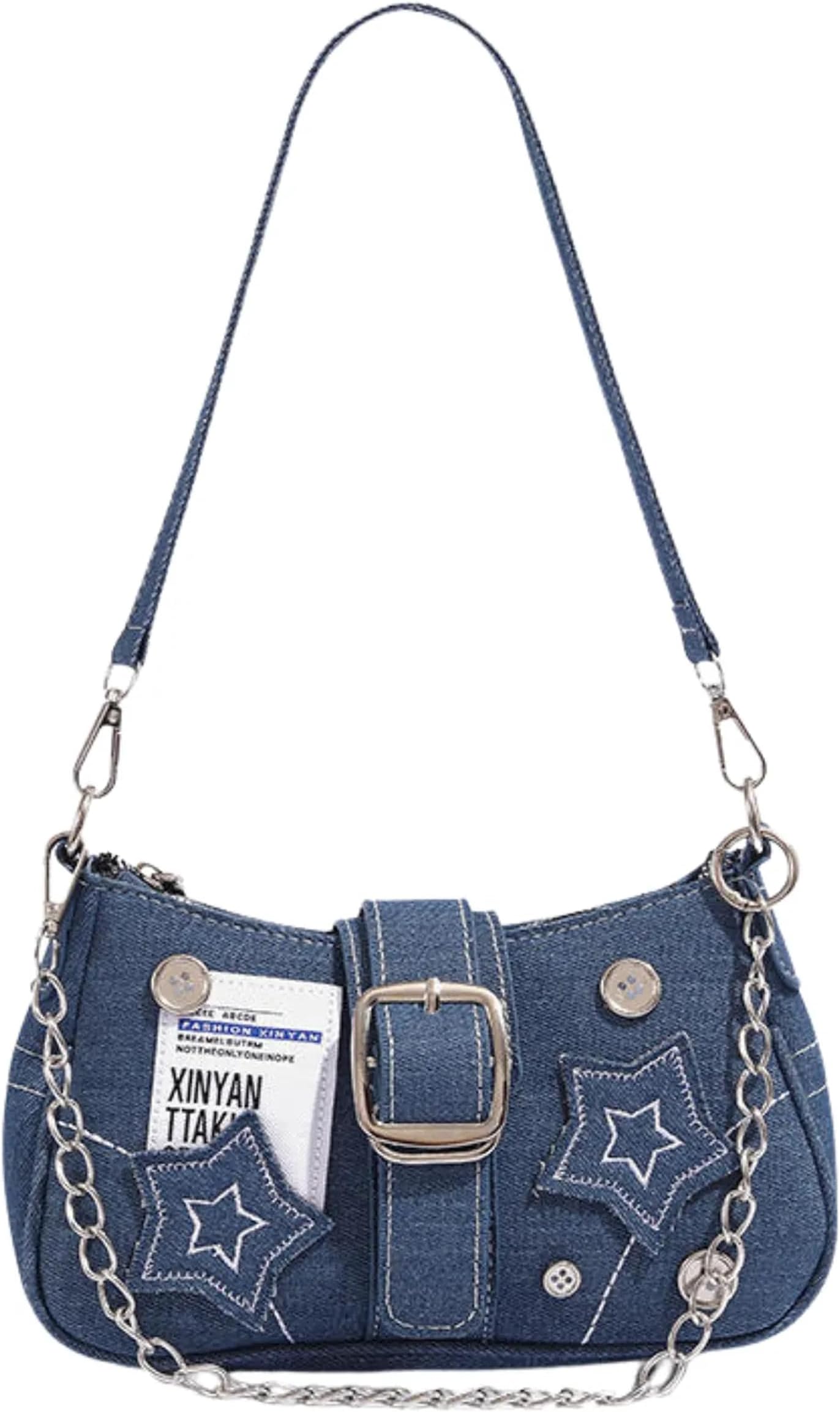 Denim Sling Bag Small for Women Stylish with Star Patches Silver Chain Strap 22x14x6 cm Casual Hand Bag for Girls for Daily Use