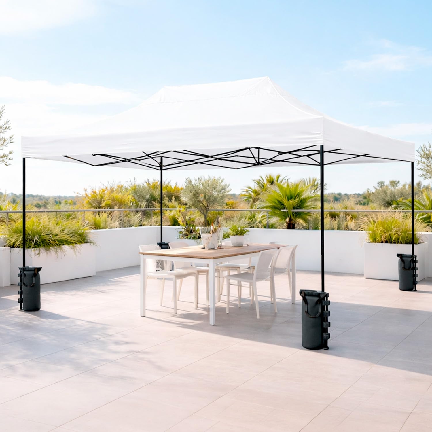 BRICOZONE Gazebo Professionale 3x4.5 Metri Pieghevole Impermeabile Con Struttura In Acciaio Rinforzata Telo Oxford 1200D PVC Protezione UV Con Sacche Zavorra Picchetti Corde E Borsa Custodia (Bianco)