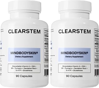 CLEARSTEM - MINDBODYSKIN Hormonal Acne Supplement (5-HTP) - Natural DIM Supplement - Skin Care Vitamins - Hormone Balance, Antioxidants - Gluten Free, Cruelty Free - 60 Servings, 180 Capsules
