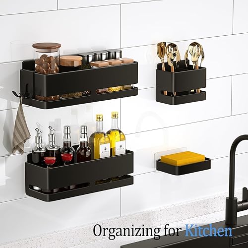 Miniatura 4 de Estante de almacenamiento de baño (juego de 5 piezas), estante montado en la pared con jabonera y soporte para cepillo de dientes, no requiere