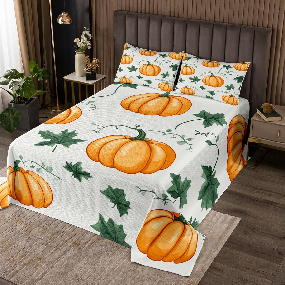 jejeloiu Kids Pumpkin Fall Bedspread Twin Size Farmhouse Autumn Coverlet Set for Boys Girls Thanksgiving Day Quilted Coverlet Microfiber with 1 Pillow Case