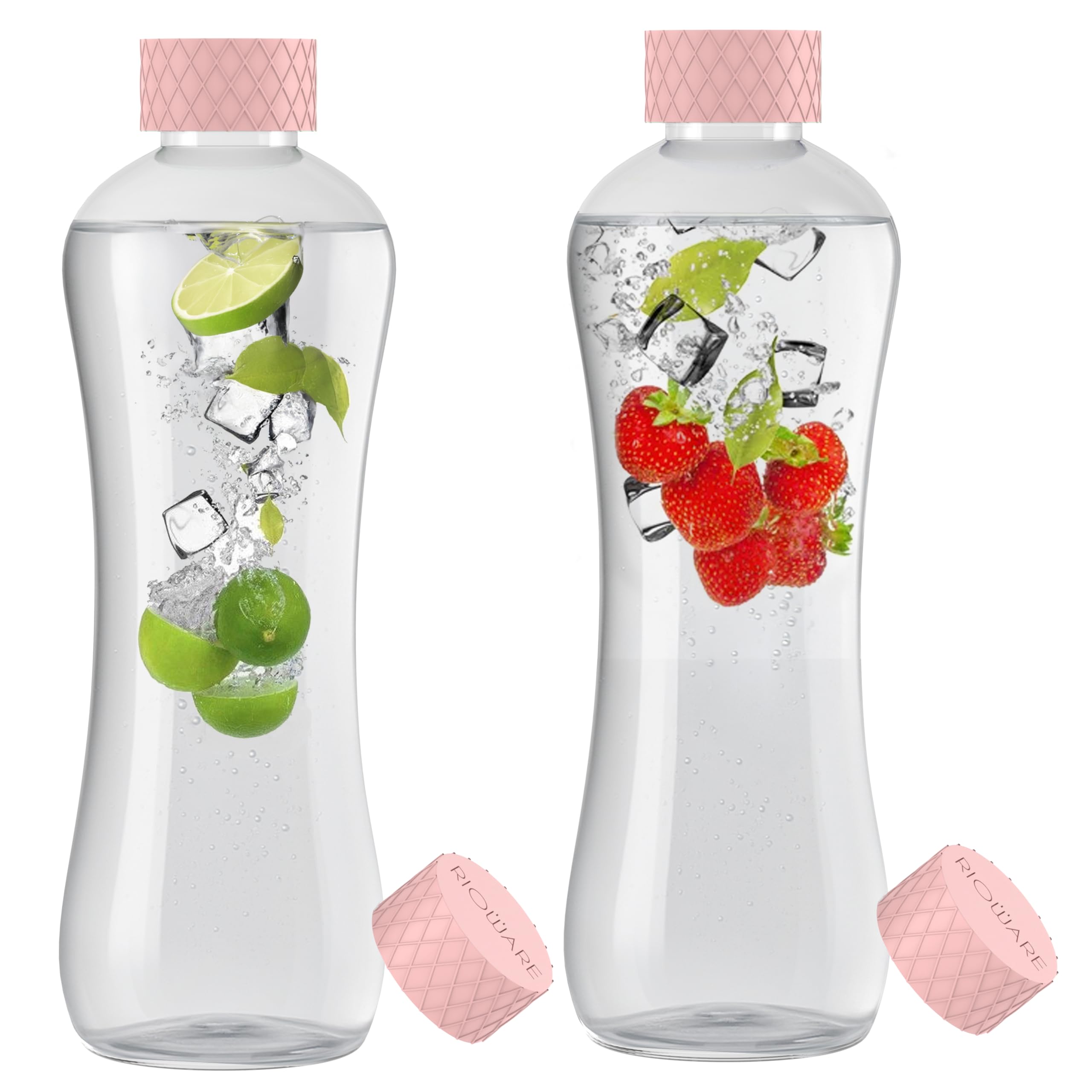 Rioware Botella de agua de vidrio de 1 litro, tapa hermética, a prueba de fugas, tapa de silicona, botellas de agua para nevera, hogar, oficina y gimnasio (rosa, paquete de 2)