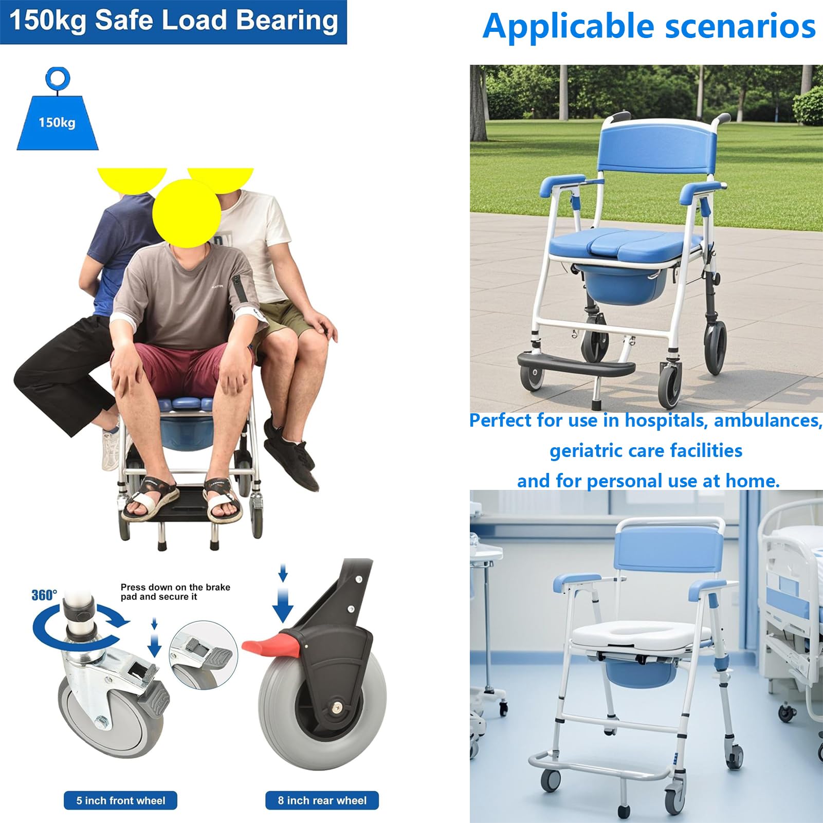 Silla con WC para Personas Mayores, Sillas para Ducha Personas Mayores, Silla Inodoro Ancianos, Silla Ducha Minusvalidos Plegable, para Discapacitadas, Carga Máxima 150 Kg