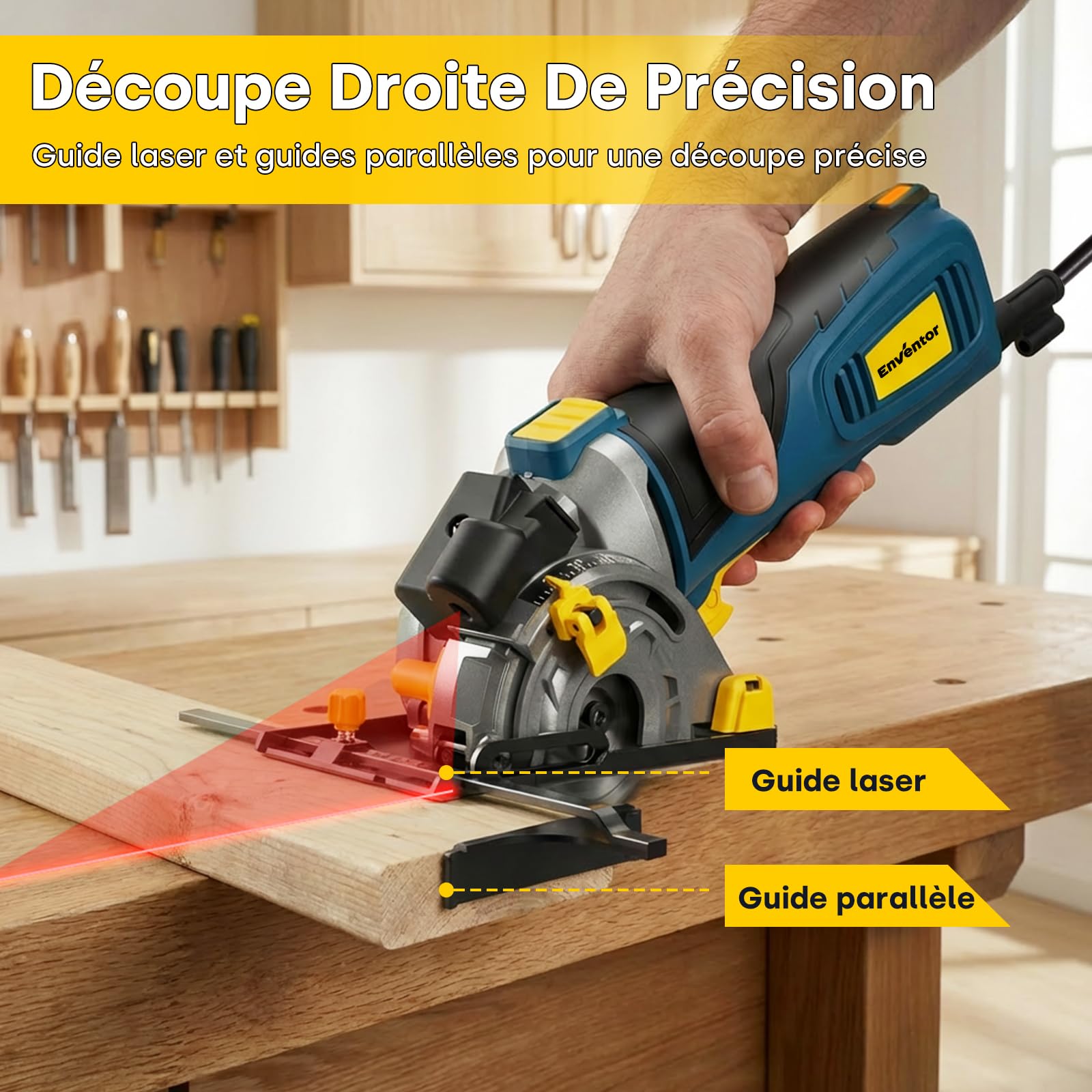 Enventor 600W Mini Scie Circulaire, Petite Scie Circulaire Portative avec échelle et Guide Laser, 5500RPM, Utilisation à une Main, 3 Lames de Scie, pour Bois, Carrelage, Plastique et Métaux fins