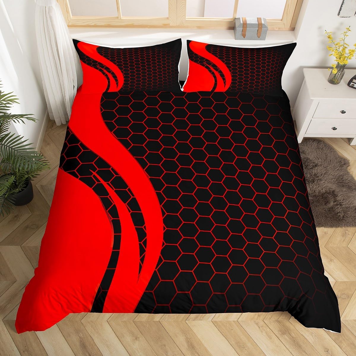 Geometric Bedding Set Geometric Honeycomb Comforter Cover for Kids Boys Girls Teens Hexagonal Geometrical Blue Black Duvet Cover Breathable Beehive Bedspread Cover Room Decor Quilt Cover Queen Size